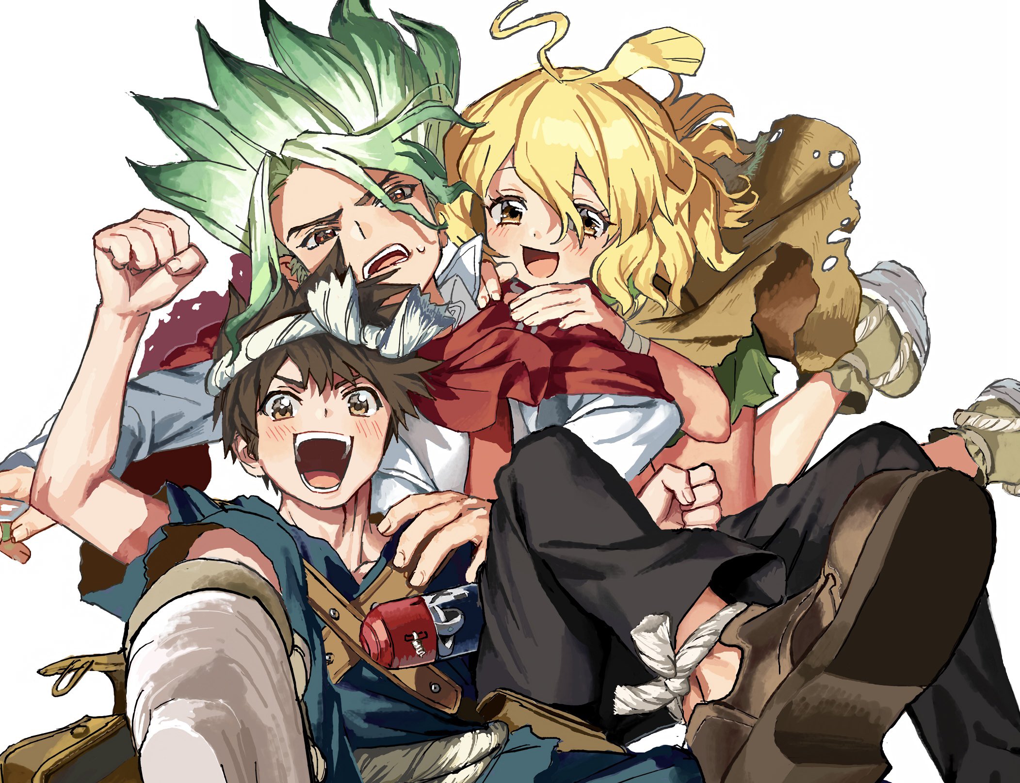 koushikitarou (oisiine8931), chrome (dr. stone), ishigami senkuu, suika (dr.stone), dr. stone, commentary request, highres, 1girl, 2boys, :d, ahoge, bag, beard, blonde hair, blush, brown eyes, brown hair, cape, cloak, facial hair, green hair, hand on another's shoulder, headband, looking at viewer, messy hair, multicolored hair, multiple boys, open mouth, poncho, rope, rope around neck, short hair, simple background, smile, spiked hair, sweatdrop, white background, white rope, yellow eyes