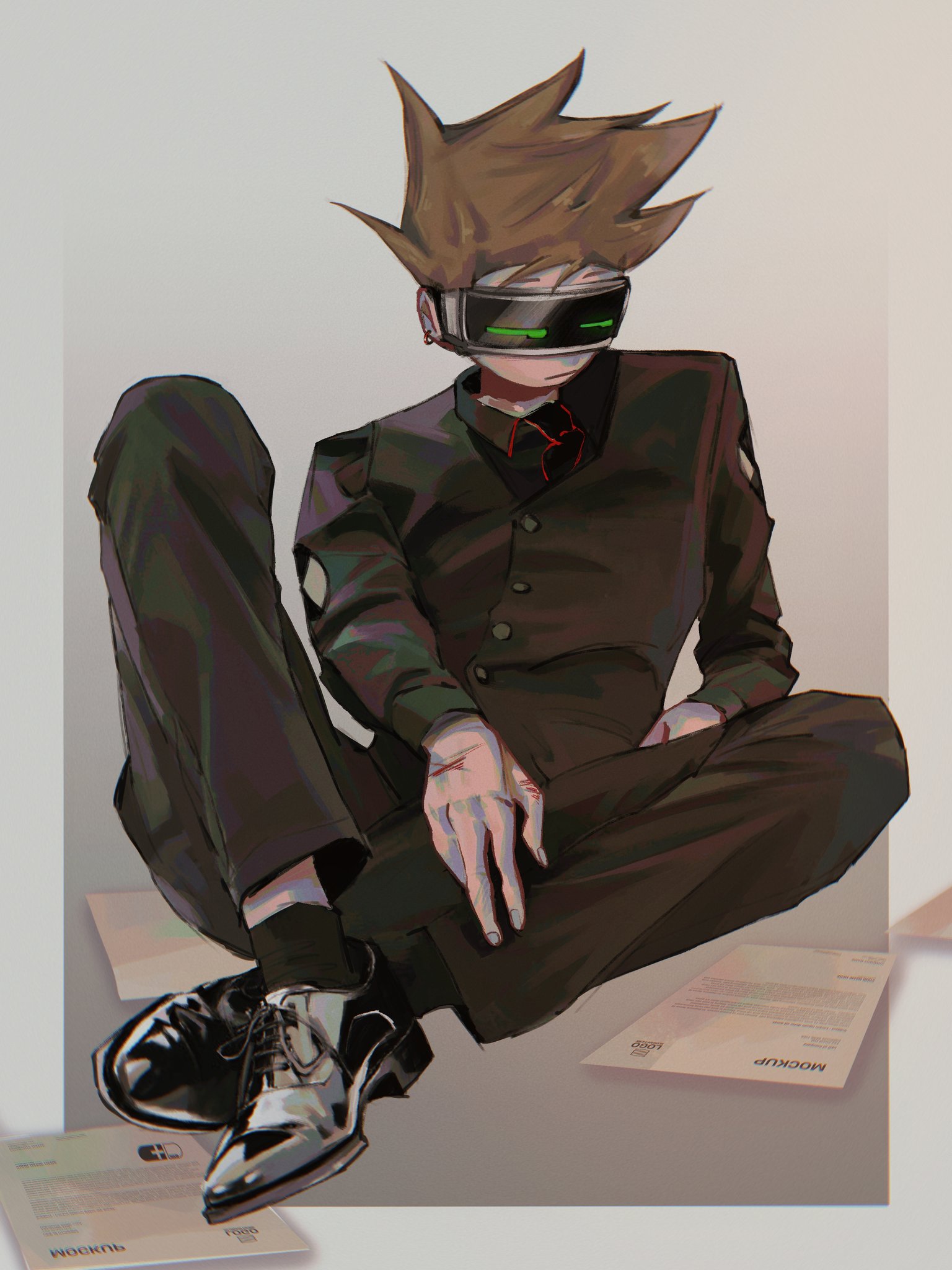 future tom (eddsworld), tom (eddsworld), eddsworld, commentary, english commentary, highres, 1boy, black necktie, black pants, black shoes, black socks, black vest, border, brown hair, collared shirt, edmundseni89244, expressionless, full body, gradient background, grey background, head-mounted display, lcd, long sleeves, male focus, necktie, outside border, pants, paper, scar, shirt, shoes, short hair, simple background, socks, solo, spiked hair, vest, white border