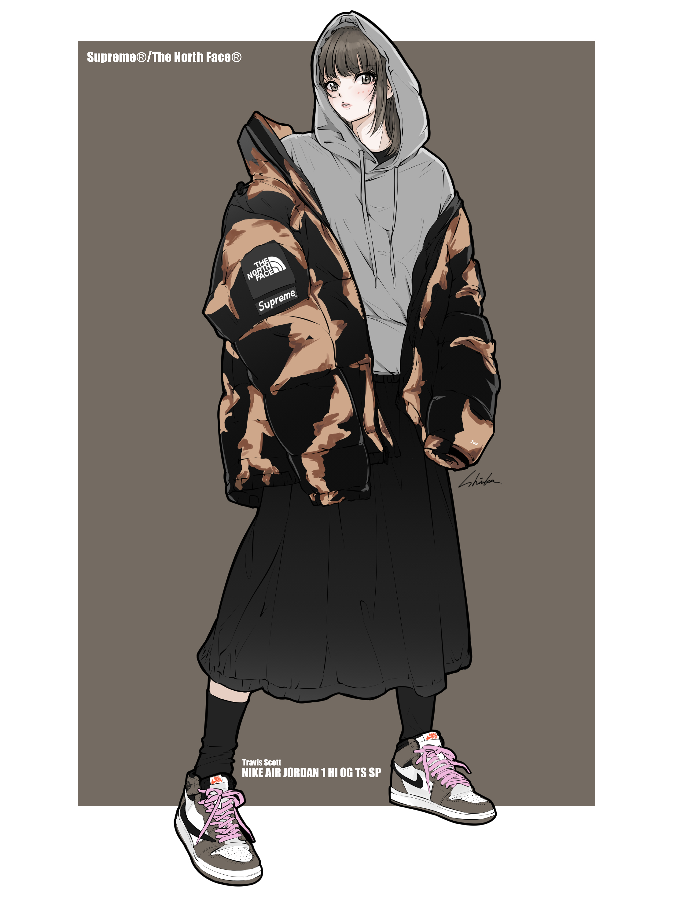 bambi surprise, nike (company), original, supreme (brand), absurdres, commentary request, highres, 1girl, black skirt, black socks, brown hair, brown jacket, full body, grey eyes, grey hoodie, grey shoes, hood, hoodie, jacket, looking at viewer, multicolored shoes, open clothes, open jacket, shoes, signature, skirt, sneakers, socks, solo, standing, the north face, two-tone shoes, white shoes