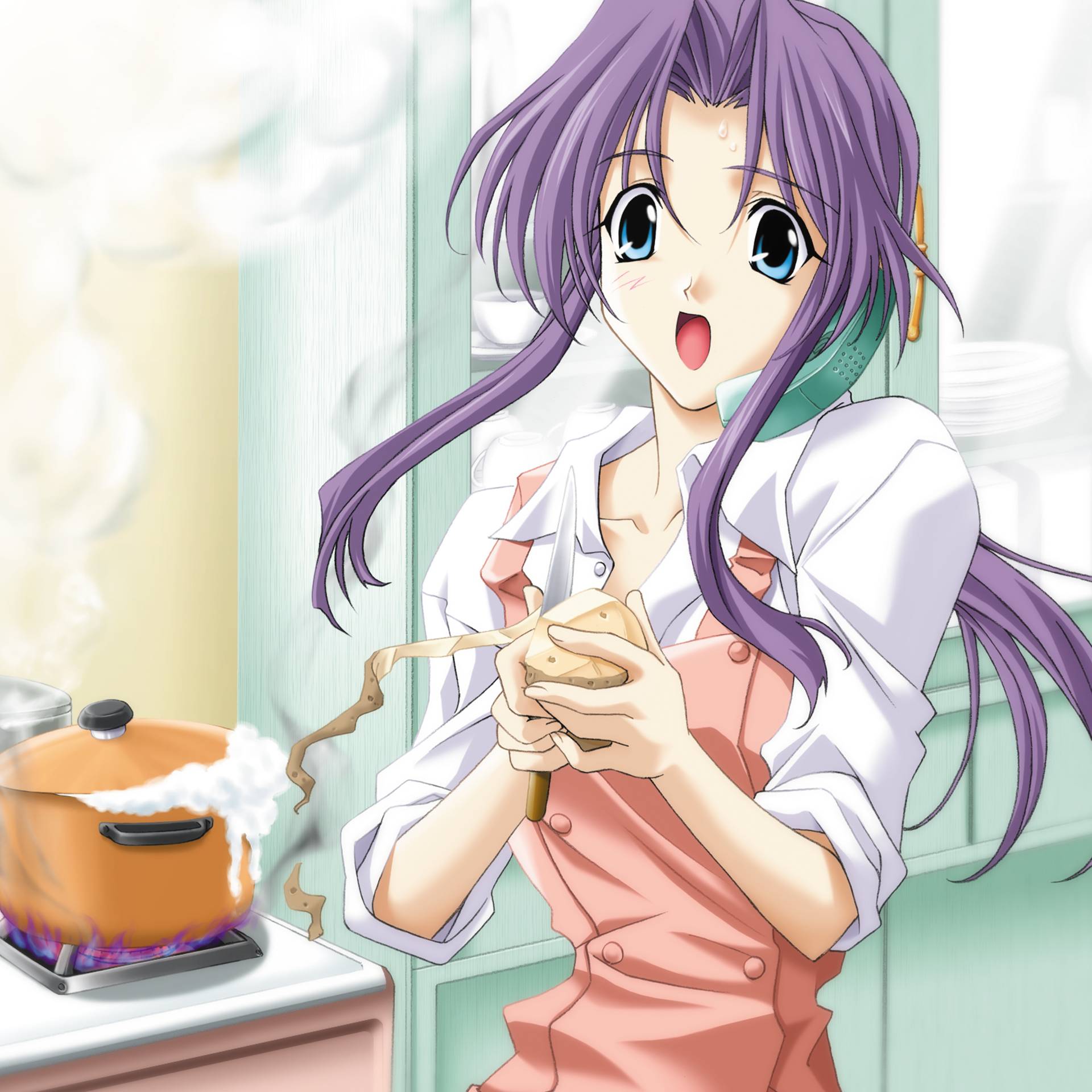 kirishima koyomi, memories off, highres, non-web source, official art, apron, blue eyes, cooking, holding, holding phone, long hair, memories off 1, open mouth, phone, pink apron, potato peel, purple hair, shirt, sleeves rolled up, surprised, white shirt