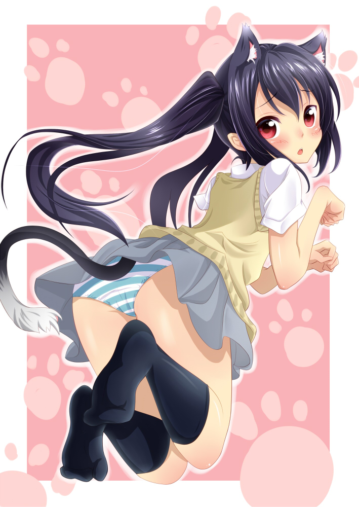 hatachi, nakano azusa, k-on!, bad id, bad pixiv id, 1girl, animal ears, ass, back, black hair, black socks, blue panties, blush, cat ears, cat girl, cat tail, female focus, from behind, full body, leaning forward, long hair, looking back, miniskirt, panties, pantyshot, paw pose, red eyes, school uniform, shirt, skirt, socks, solo, striped clothes, striped panties, sweater vest, tail, twintails, underwear, upskirt