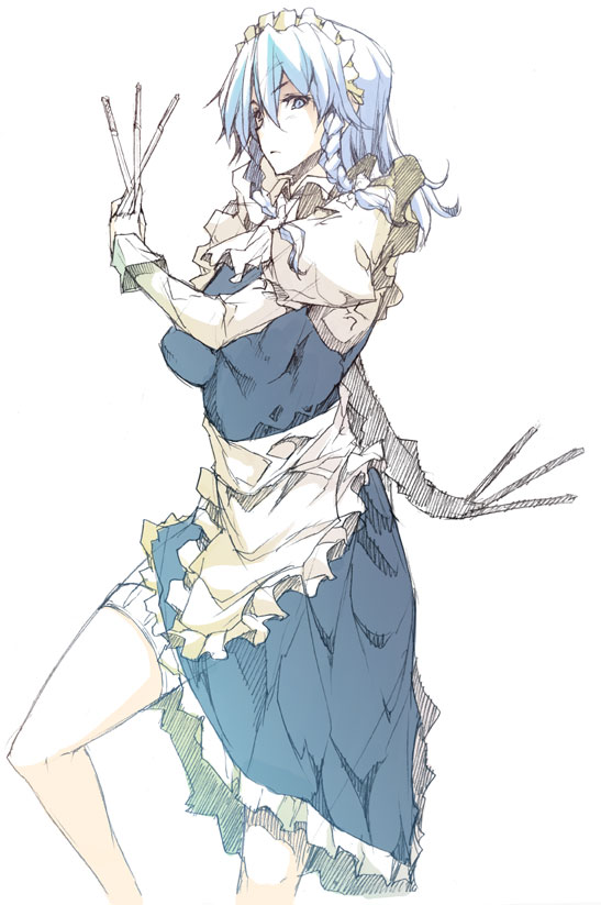 erect sawaru, izayoi sakuya, touhou, 1girl, blue eyes, blue hair, braid, breasts, female focus, hairband, maid, matching hair/eyes, solo, thighhighs, twin braids, white background