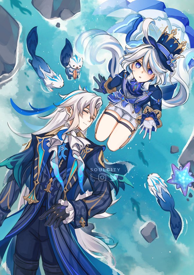 soulc1ty, furina (genshin impact), leisurely otter (genshin impact), neuvillette (genshin impact), genshin impact, blue gem, commentary, english commentary, 1boy, 1girl, :o, ahoge, artist name, ascot, asymmetrical bangs, asymmetrical gloves, black gloves, blue ascot, blue bow, blue coat, blue eyes, blue gloves, blue hair, blue hat, blue jacket, blue pants, blush, bow, brooch, buttons, closed eyes, closed mouth, coat, day, drop-shaped pupils, eyelashes, fish, frilled sleeves, frills, gaiters, gem, gloves, gold trim, hair between eyes, hair intakes, hand up, hat, hat bow, heterochromia, instagram logo, jacket, jewelry, lapels, long hair, long sleeves, looking up, lumitoile (genshin impact), lying, mismatched gloves, mismatched pupils, multicolored hair, on back, open clothes, open jacket, open mouth, outdoors, pants, parted bangs, pointy ears, rock, seiza, shirt, short shorts, shorts, sitting, sleeping, sleeve cuffs, starfish, streaked hair, swept bangs, symbol-shaped pupils, thigh strap, thighhigh gaiters, thighhighs, top hat, twitter logo, very long hair, water, white ascot, white gloves, white hair, white shirt, white shorts