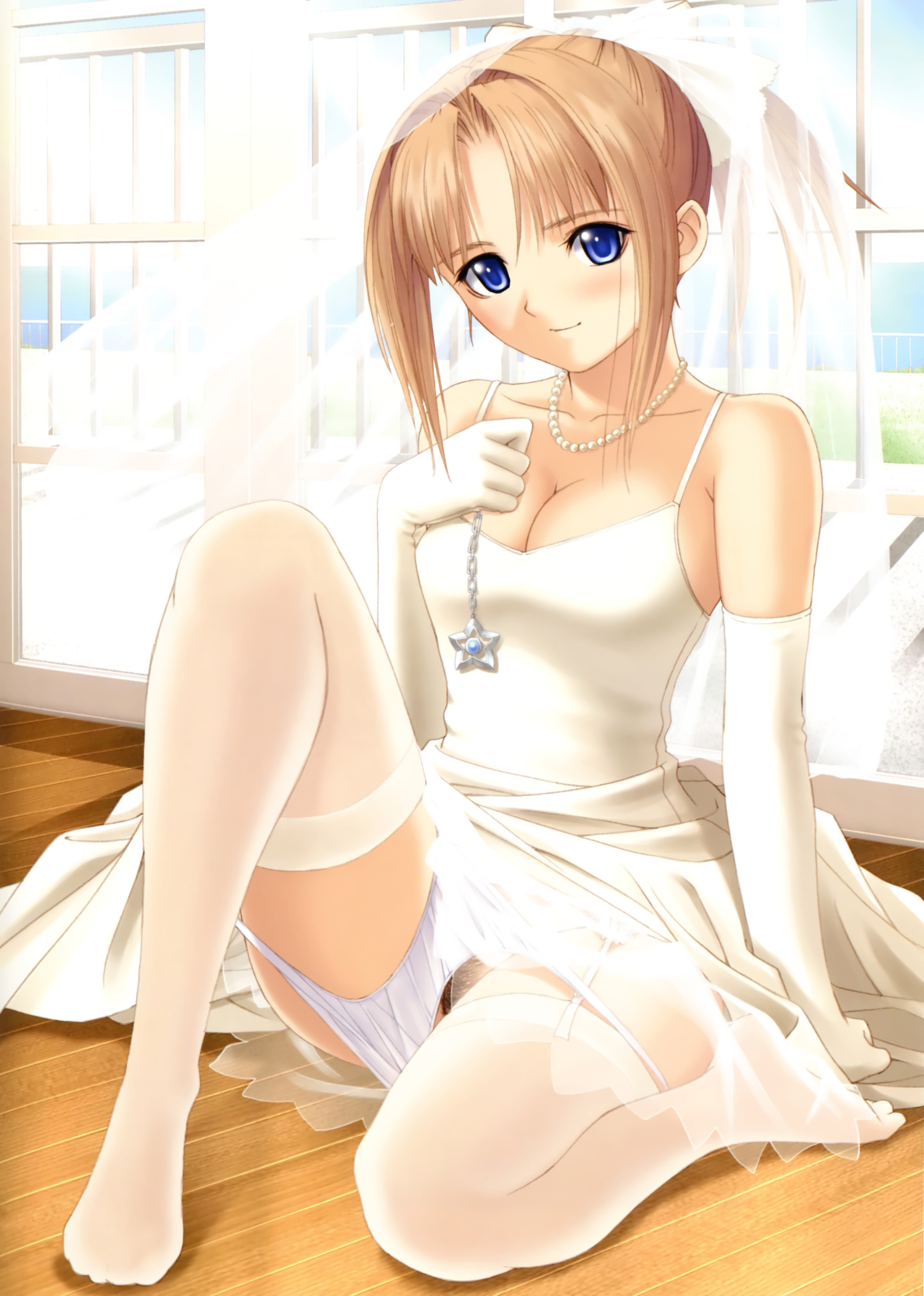 tony taka, shiomiya kanami, after (game), absurdres, highres, 00s, 1girl, blonde hair, bow, bridal gauntlets, bridal veil, bride, chain, dress, elbow gloves, female focus, female pubic hair, garter belt, gem, gloves, jewelry, kneeling, legs, long legs, necklace, pearl (gemstone), pubic hair, see-through clothes, solo, thighhighs, veil, wedding dress, white thighhighs