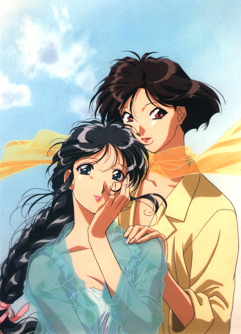 nakajima atsuko, kobayakawa miyuki, tsujimoto natsumi, taiho shichauzo, highres, official art, 1990s (style), 2girls, black hair, braid, brown hair, cover, dvd cover, long hair, multiple girls, red eyes, retro artstyle, see-through clothes