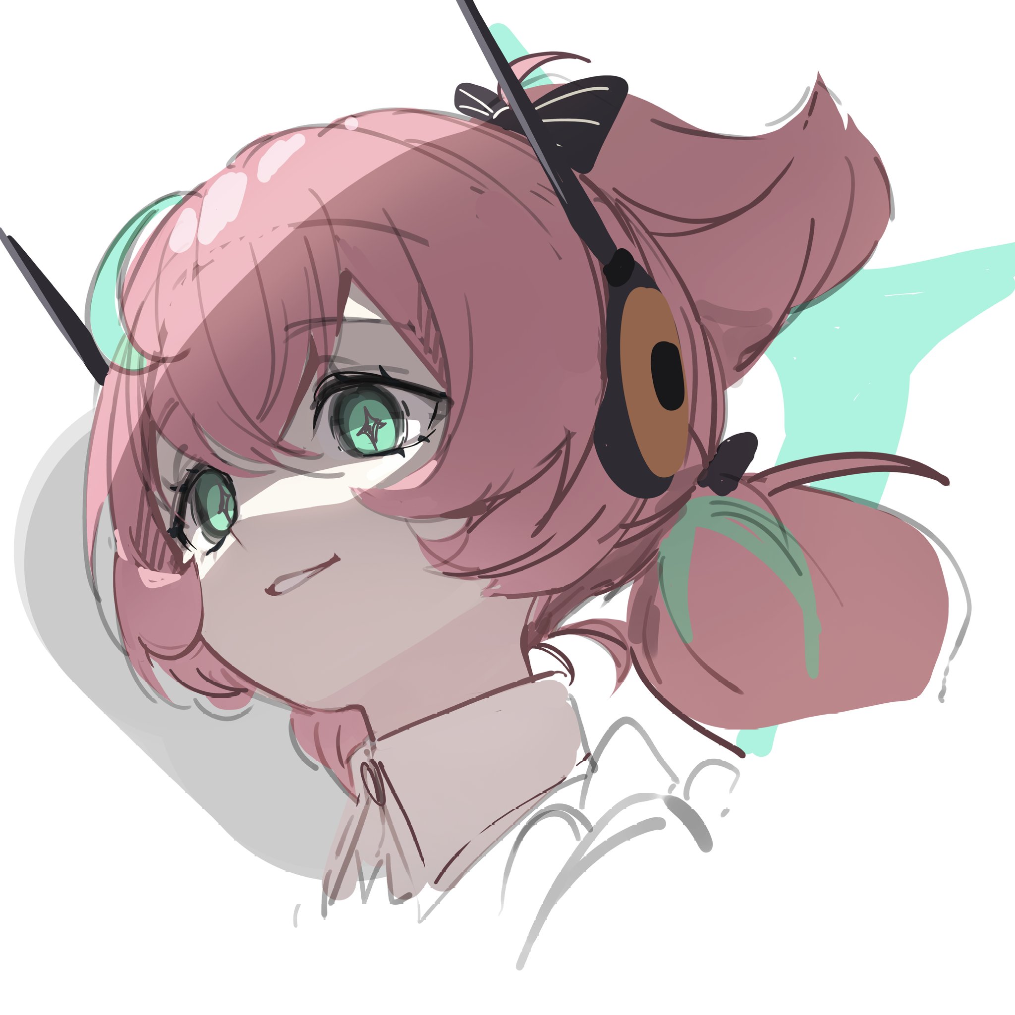 aria (zenless zone zero), zenless zone zero, commentary request, highres, 1girl, aqua hair, aqua streaks, black bow, bow, green eyes, hair between eyes, hair bow, kkochmanyeo, multicolored hair, parted lips, pink hair, portrait, simple background, solo, streaked hair, white background