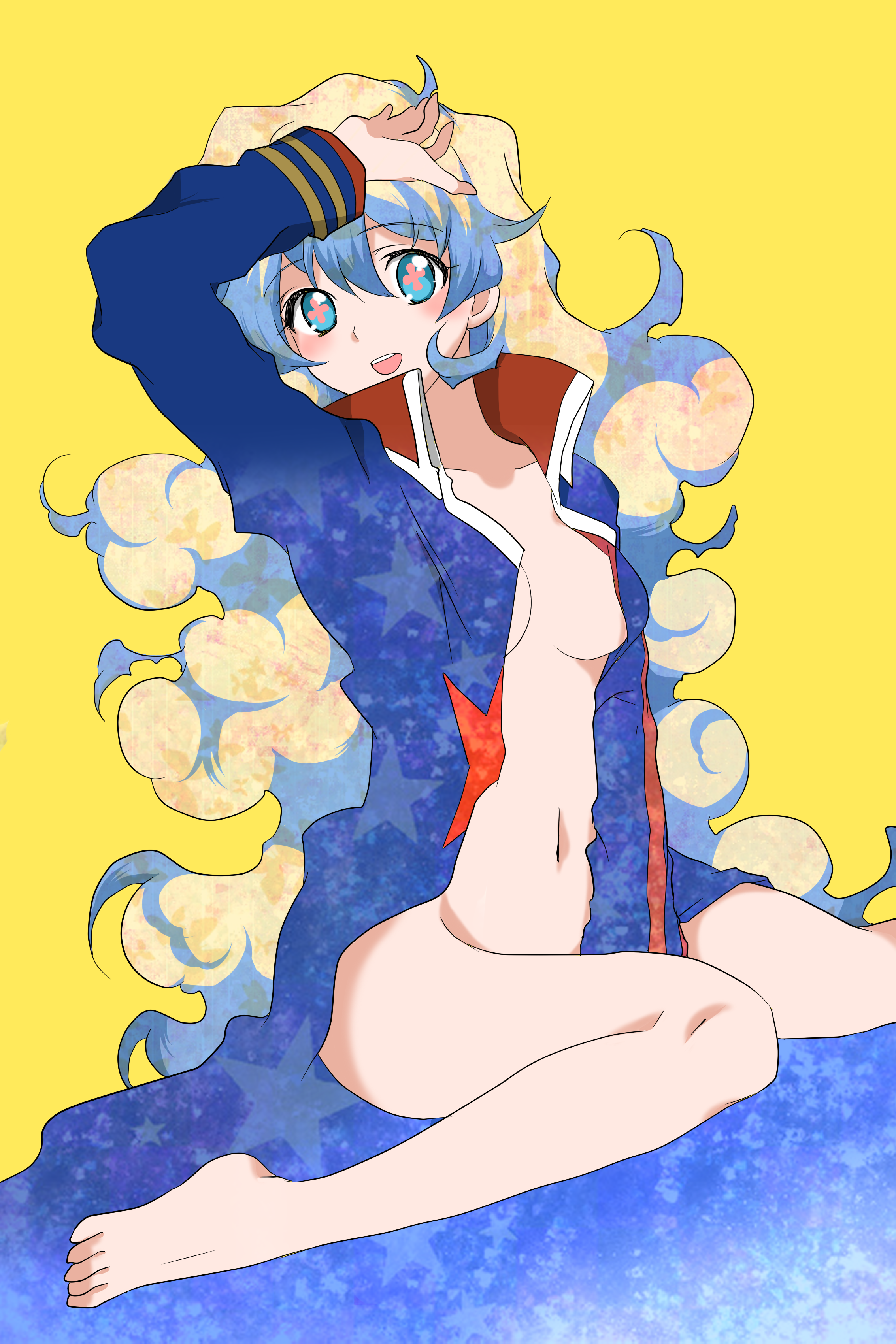 kinzou (2828), nia teppelin, tengen toppa gurren lagann, absurdres, highres, + +, 00s, 1girl, :d, barefoot, between thighs, borrowed clothes, breasts, coat, cross-shaped pupils, feet, female focus, happy, jacket, long hair, medium breasts, multicolored hair, naked coat, naked shirt, navel, open clothes, open jacket, open mouth, shading eyes, shirt, sitting, smile, solo, symbol-shaped pupils, thighs, two-tone hair, very long hair, wariza, yellow background