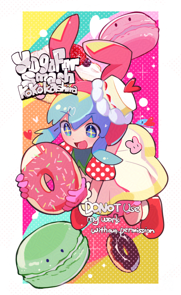 kokokashira (koko ni iru), minit's, bemani, pop'n music, + +, 1girl, :d, animal ears, animal hat, artist name, bloomers, blue eyes, blue hair, border, cake, cake hat, colorful background, dessert, donut, dress, fake animal ears, food, frilled gloves, frills, gloves, hat, heart, holding, holding donut, holding food, looking at food, macaron, open mouth, outside border, pink bloomers, pink gloves, pink hat, polka dot sleeves, puffy short sleeves, puffy sleeves, rabbit ears, rabbit hat, red shoes, red sleeves, shoes, short hair, short sleeves, smile, solo, sweets, underwear, watermark, white border, white dress