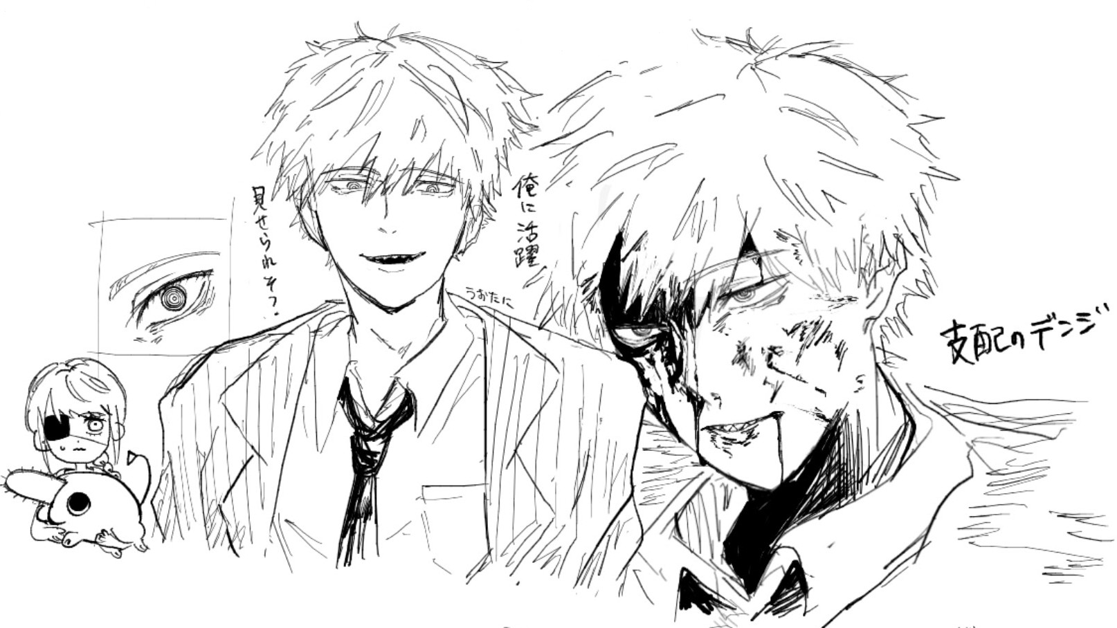 denji (chainsaw man), makima (chainsaw man), pochita (chainsaw man), commentary request, highres, blonde hair, blood, breast pocket, chibi, formal clothes, looking at viewer, necktie, open mouth, personality switch, pocket, red hair, role reversal, sharp teeth, staring, suit, teeth, wavy mouth, woooo 086