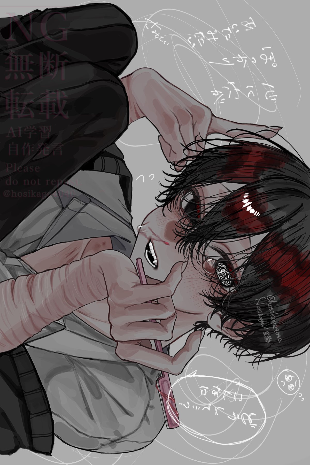 hosikage4040, original, commentary request, highres, 1boy, @ @, aegyo sal, black eyes, black hair, black sweater, double-parted bangs, eyebrow razor, hair between eyes, half-closed eyes, holding razor blade, knees up, legs together, male focus, razor blade, self-harm, shirt, short hair, sideways, solo, sweater, white shirt, wrist cutting