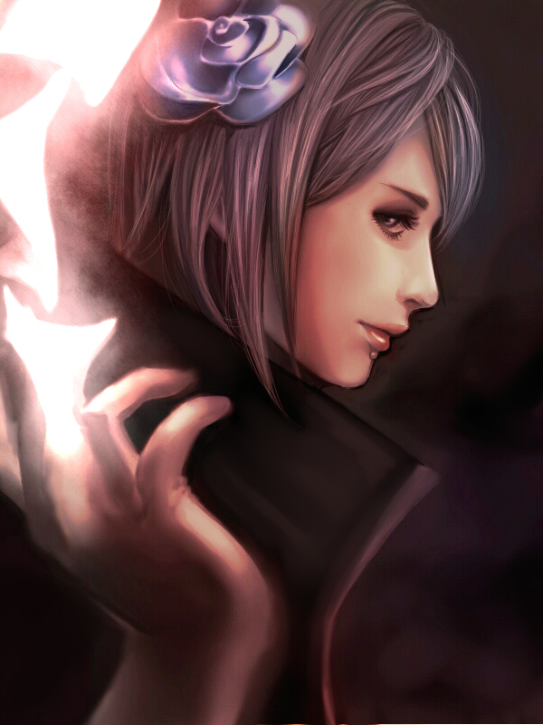 jun jun, konan (naruto), naruto (classic), naruto (series), naruto shippuuden, bad id, bad pixiv id, 1girl, akatsuki (naruto), face piercing, female focus, flower, labret piercing, lip piercing, lips, paper, piercing, purple hair, realistic, short hair, solo