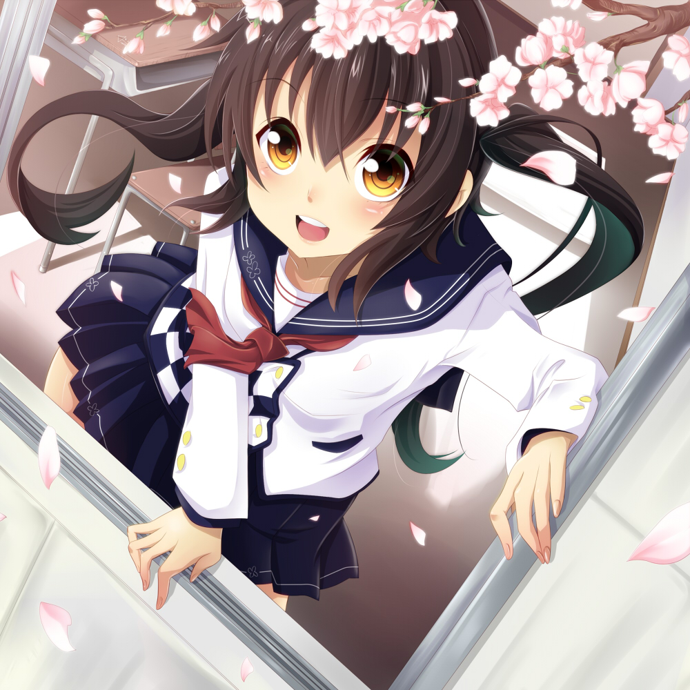 hatachi, original, bad id, bad pixiv id, 1girl, brown eyes, brown hair, cherry blossoms, desk, dutch angle, female focus, flower, long hair, orange eyes, petals, school, school desk, school uniform, serafuku, short hair with long locks, solo, twintails, window, windowsill