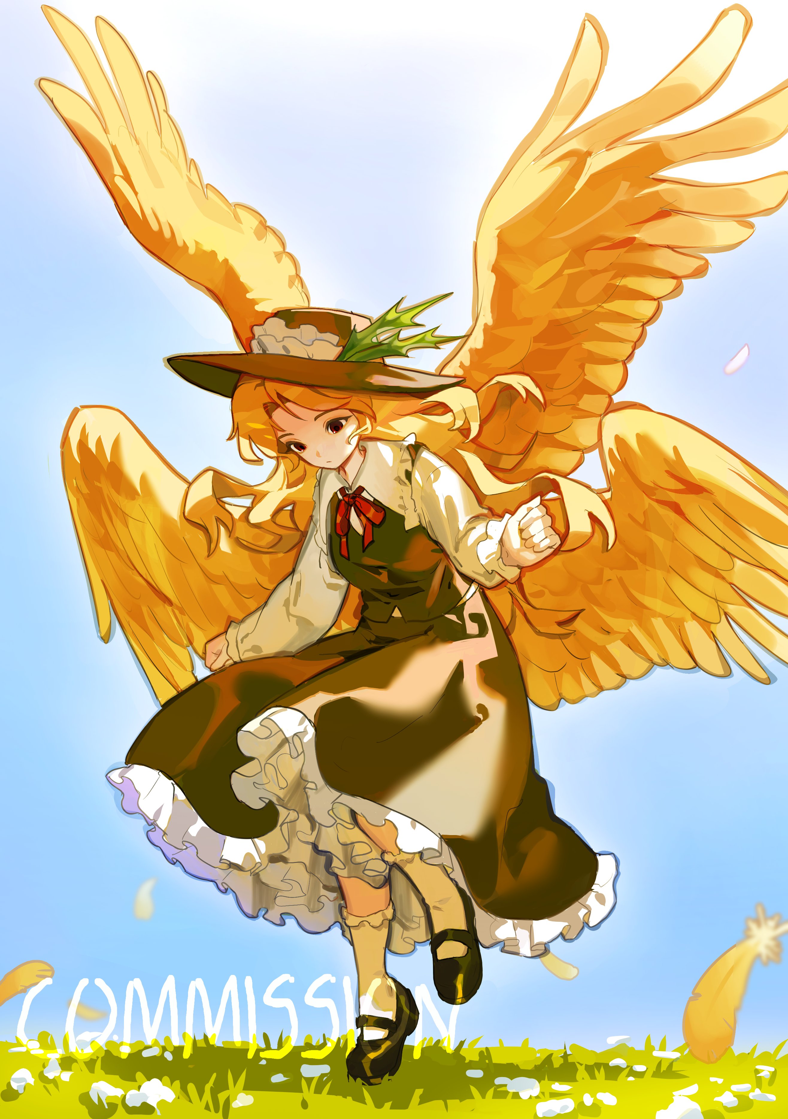 favnvs (s910a ib6), jacket girl (dipp), dolls in pseudo paradise, touhou, absurdres, commentary request, highres, 1girl, black shoes, blonde hair, blue sky, bobby socks, brown hat, brown skirt, brown vest, feathers, frilled hat, frilled shirt collar, frilled skirt, frilled sleeves, frilled socks, frills, full body, grass, green feathers, hat, hat feather, long hair, long sleeves, mary janes, neck ribbon, outdoors, red eyes, red ribbon, ribbon, shirt, shoes, skirt, sky, socks, solo, standing, standing on one leg, very long hair, vest, wavy hair, white shirt, white socks