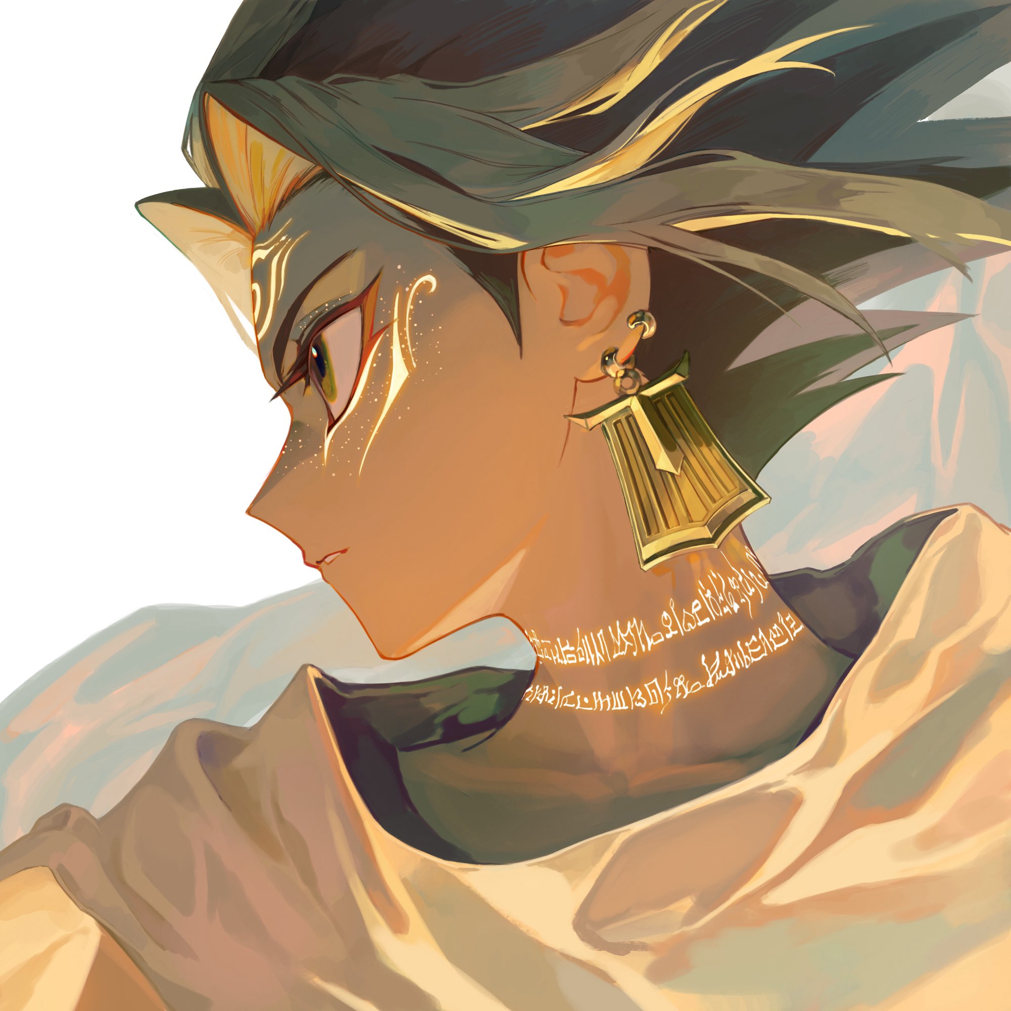 papaya0813, atem, yu-gi-oh!, yu-gi-oh! duel monsters, commentary request, highres, korean commentary, 1boy, cape, collarbone, earrings, eyelashes, eyeliner, facial mark, jewelry, makeup, male focus, multicolored hair, parted lips, piercing, profile, simple background, solo, spiked hair, upper body, white background, white cape, yellow eyes