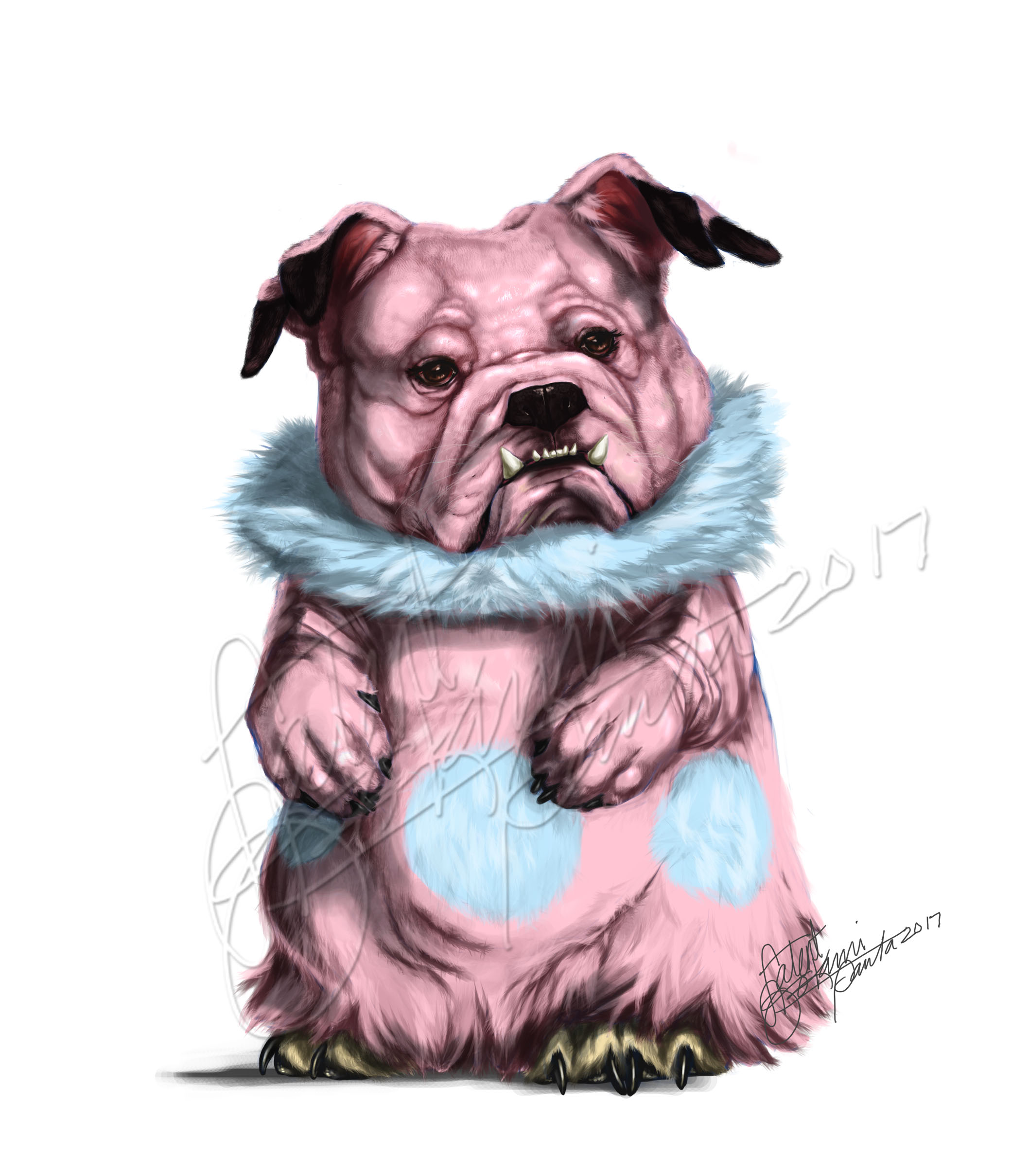 snubbull, nintendo, pokemon, absurdres, highres, artist name, black eyes, dated, dog, full body, gen 2 pokemon, latent-ookami, no humans, pokemon (creature), realistic, signature, standing, watermark, white background