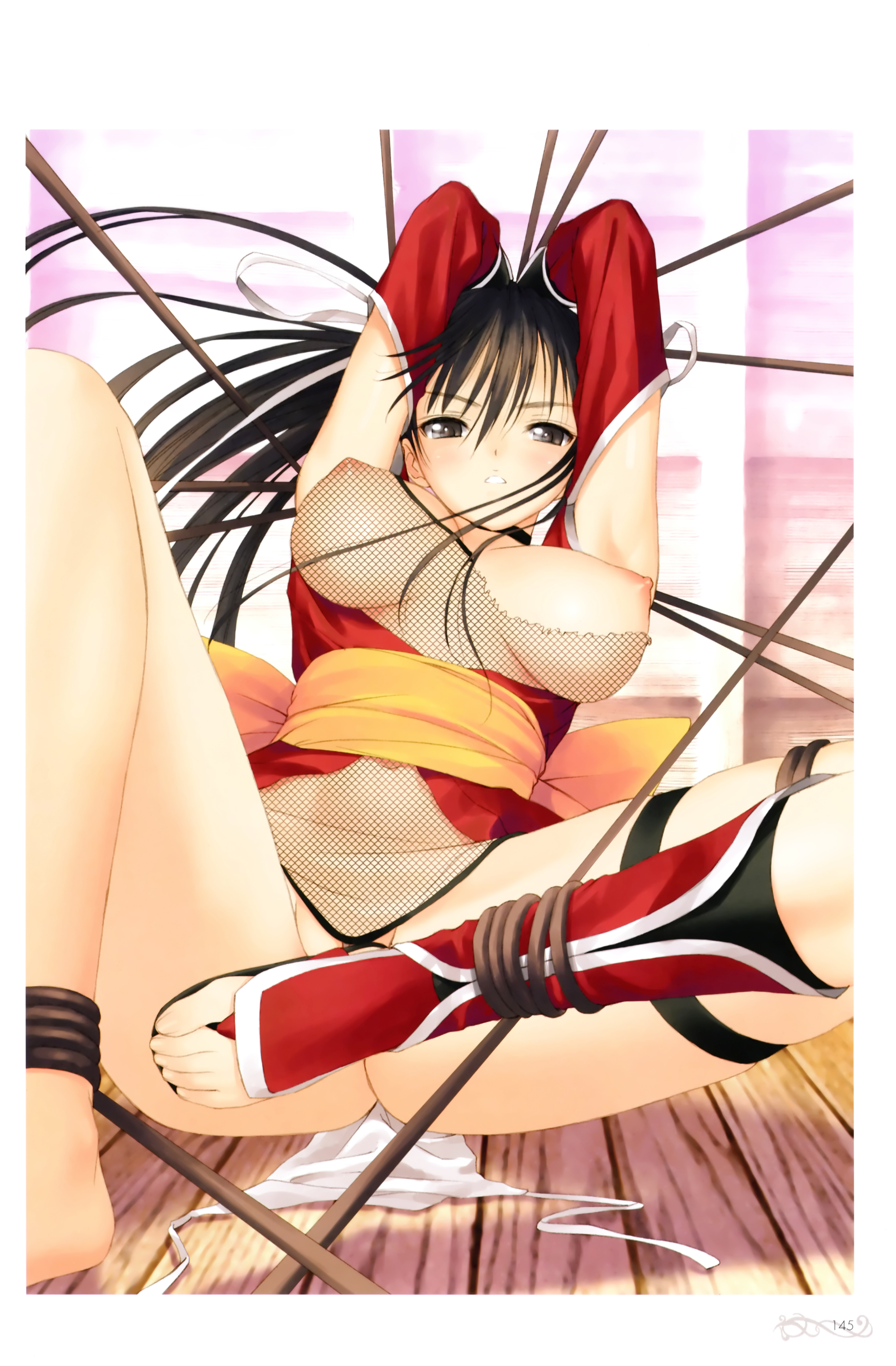 tony taka, ran (mitama ~shinobi~), mitama ~shinobi~, absurdres, highres, non-web source, scan, 1girl, armpits, arms up, barefoot, bdsm, black eyes, black hair, blush, bondage, bound, breasts, censored, choker, convenient censoring, convenient leg, detached sleeves, feet, female focus, fishnets, japanese clothes, kimono, kneehighs, large breasts, long hair, ninja, nipples, no socks, panties, rope, sandals, see-through clothes, short kimono, side-tie panties, sitting, socks, solo, spread legs, toes, torn clothes, underwear, white panties
