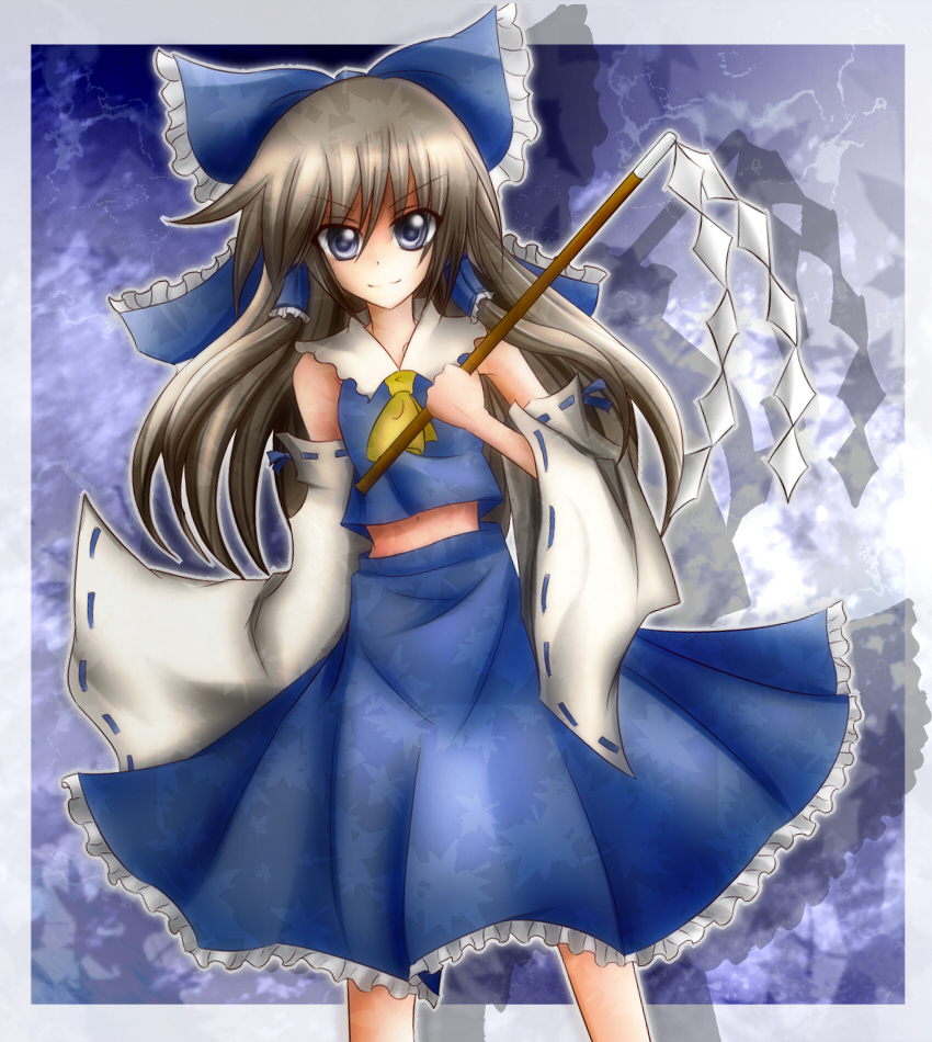 nosada, hakurei reimu, immaterial and missing power, touhou, silver hair, bad id, bad pixiv id, 1girl, alternate color, artistic error, ascot, blue eyes, blue theme, bow, detached sleeves, female focus, hair bow, japanese clothes, long hair, miko, player 2, smile, solo