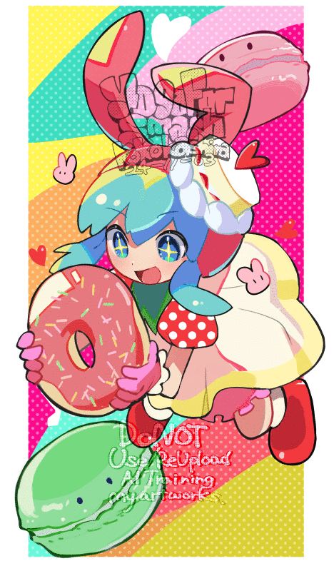 kokokashira (koko ni iru), minit's, bemani, pop'n music, animated, animated gif, looping animation, + +, 1girl, :d, animal ears, animal hat, artist name, blinking, bloomers, blue eyes, blue hair, border, cake, cake hat, closed mouth, colorful background, dated, dessert, donut, dress, fake animal ears, food, frilled gloves, frills, gloves, hat, heart, holding, holding donut, holding food, looking at food, macaron, open mouth, outside border, pink bloomers, pink gloves, pink hat, polka dot sleeves, puffy short sleeves, puffy sleeves, rabbit ears, rabbit hat, red shoes, red sleeves, shoes, short hair, short sleeves, smile, solo, sweets, underwear, watermark, white border, white dress
