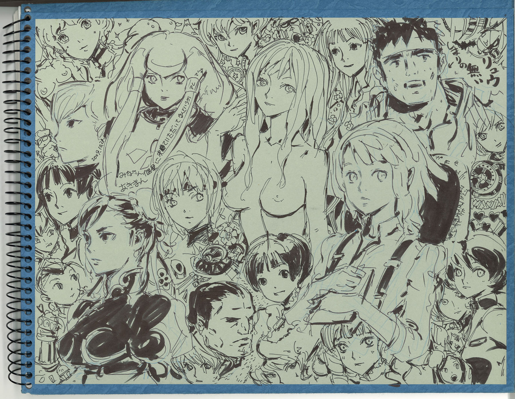 yasuda akira, cammy white, chun-li, dianna soreil, kihel heim, loran cehack, ryu (street fighter), sochie heim, capcom, gundam, street fighter, turn a gundam, highres, photo (medium), traditional media, 6+boys, 6+girls, breasts, lineart, monochrome, multiple boys, multiple girls, nipples, nude, sketch