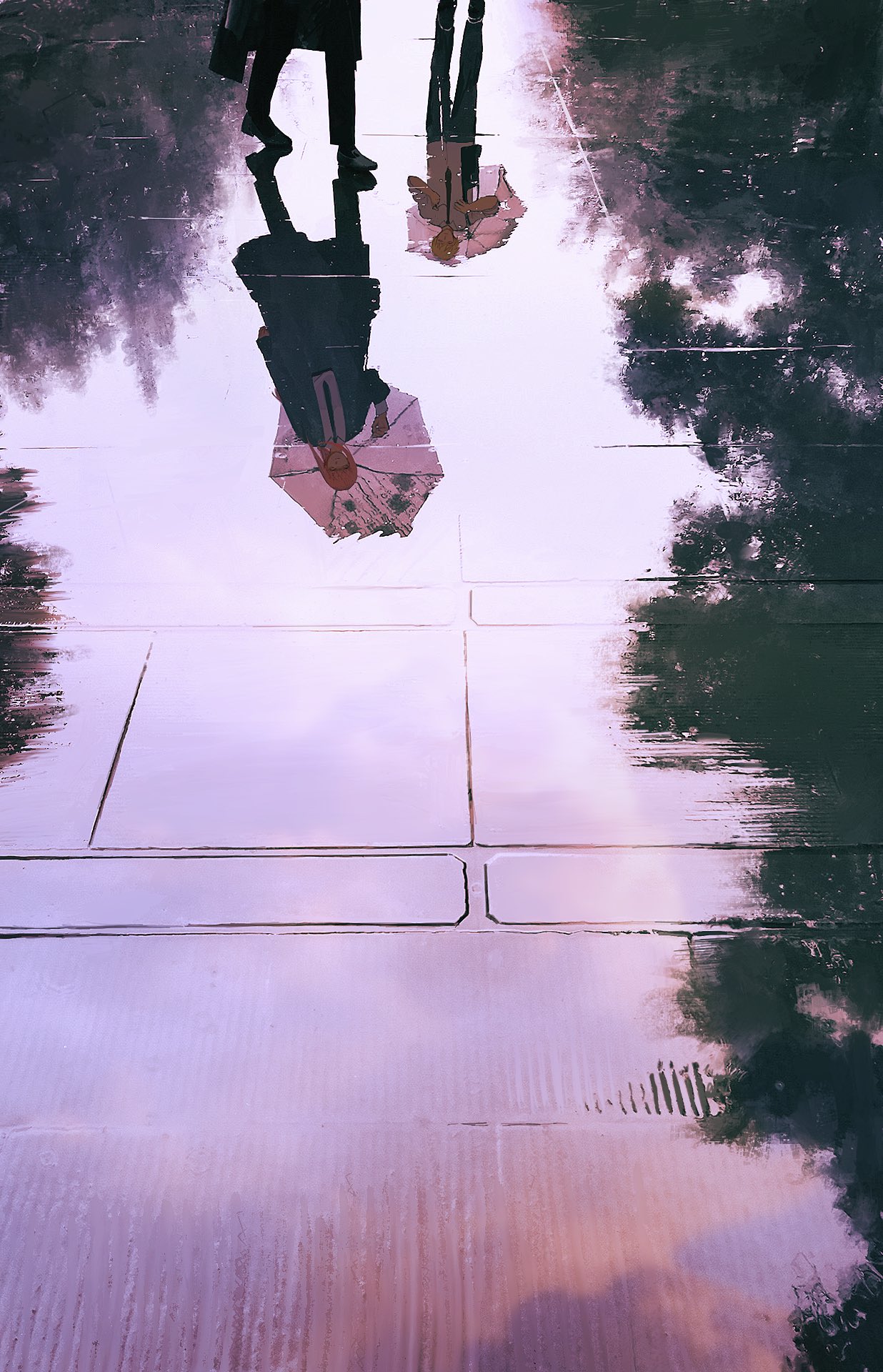 denji (chainsaw man), makima (chainsaw man), chainsaw man, commentary, highres, 1boy, 1girl, black bag, black coat, black necktie, black pants, black shoes, blonde hair, coat, collared shirt, cosplay, drain (object), light smile, looking at viewer, makima (chainsaw man) (cosplay), necktie, nogawa kalk, orange hair, pants, reflection, reflection focus, reflective floor, reflective liquid, shirt, shoes, sidelocks, sky, standing, tile floor, tiles, tree, trench coat, umbrella, walking, white umbrella