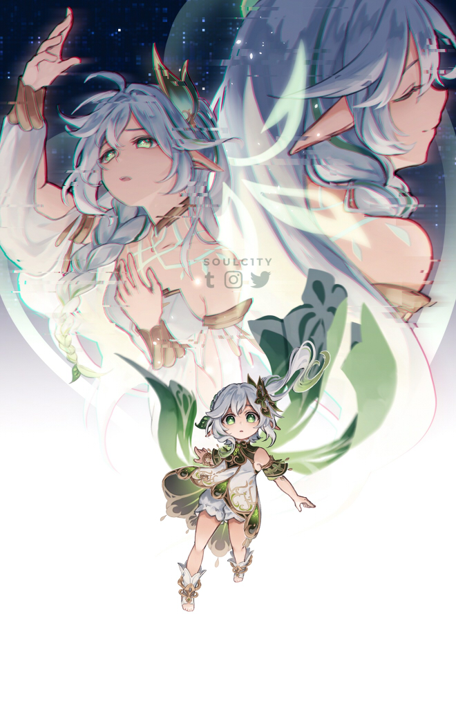 soulc1ty, nahida (genshin impact), rukkhadevata (genshin impact), genshin impact, commentary, english commentary, 2girls, arm up, artist name, bloomers, blush, bracelet, braid, cape, closed eyes, closed mouth, cross-shaped pupils, detached sleeves, dress, eyelashes, feet, floating hair, glitch, gold bracelet, gold trim, gradient background, gradient hair, green cape, green eyes, green hair, green sleeves, hair between eyes, hair ornament, hand up, instagram logo, jewelry, leaf hair ornament, long hair, looking at viewer, multicolored hair, multiple girls, neck ring, open mouth, pointy ears, short sleeves, side braid, side ponytail, sidelocks, single braid, sleeveless, sleeveless dress, smile, strapless, strapless dress, streaked hair, symbol-shaped pupils, teeth, toes, twitter logo, underwear, upper body, upper teeth only, very long hair, white background, white bloomers, white dress, white hair, white sleeves