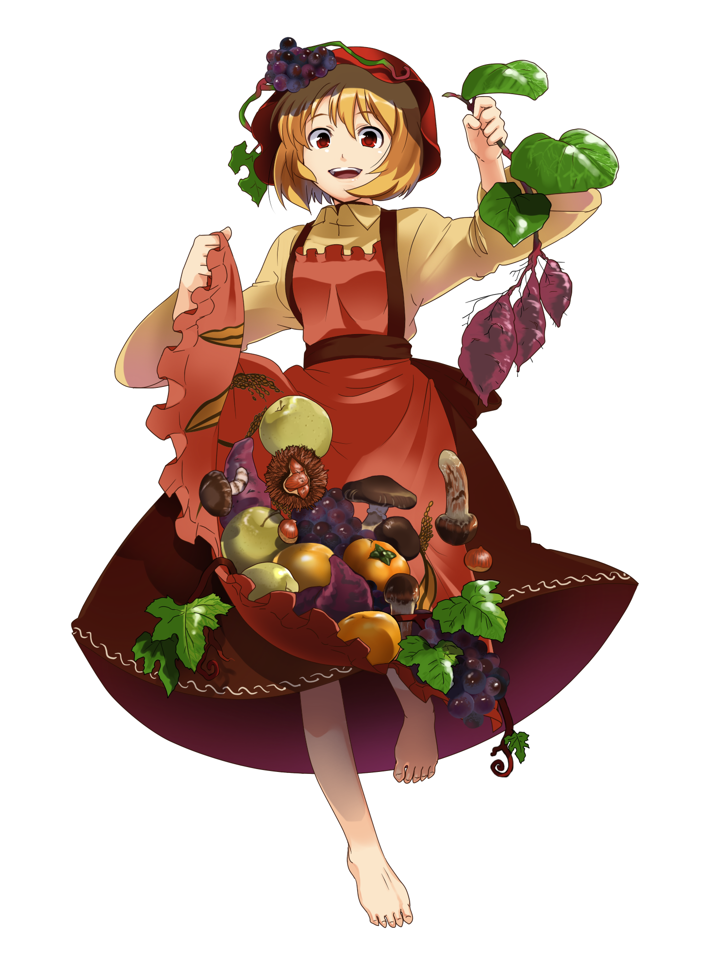 aasara, tosarayama, aki minoriko, touhou, bad id, duplicate, highres, 1girl, barefoot, blonde hair, chestnut, feet, female focus, food, fruit, full body, grapes, hat, leaf, mushroom, pear, persimmon, red eyes, short hair, skirt basket, smile, solo, sweet potato, transparent background