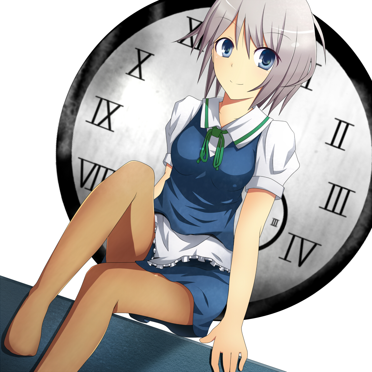 kyousuke-ex, izayoi sakuya, touhou, silver hair, highres, 1girl, bad feet, braid, clock, dress, feet, female focus, legs, maid, pantyhose, short hair, solo, twin braids, white background
