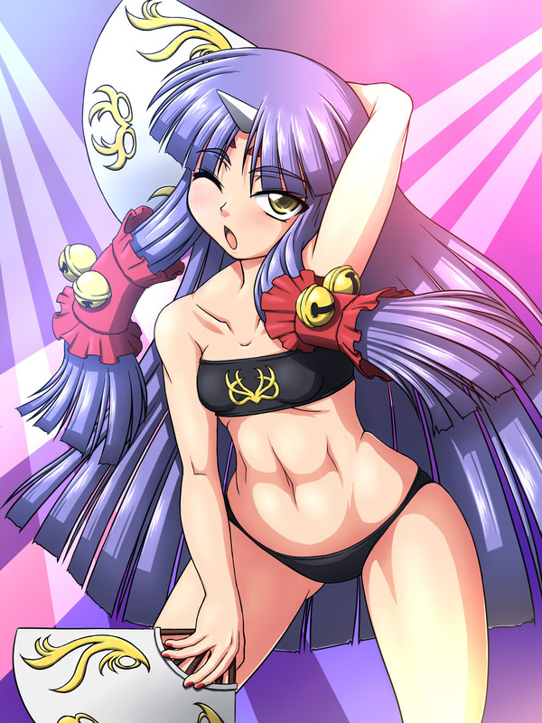 taro, suzuka hime, banpresto, super robot wars, super robot wars og saga mugen no frontier, 1girl, abs, arm up, bell, black bra, black panties, blue hair, bra, dual wielding, facial mark, female focus, flat chest, forehead mark, hand fan, holding, horns, jingle bell, lingerie, long hair, navel, one eye closed, panties, print bra, single horn, solo, standing, twintails, underwear, underwear only, wink, yellow eyes