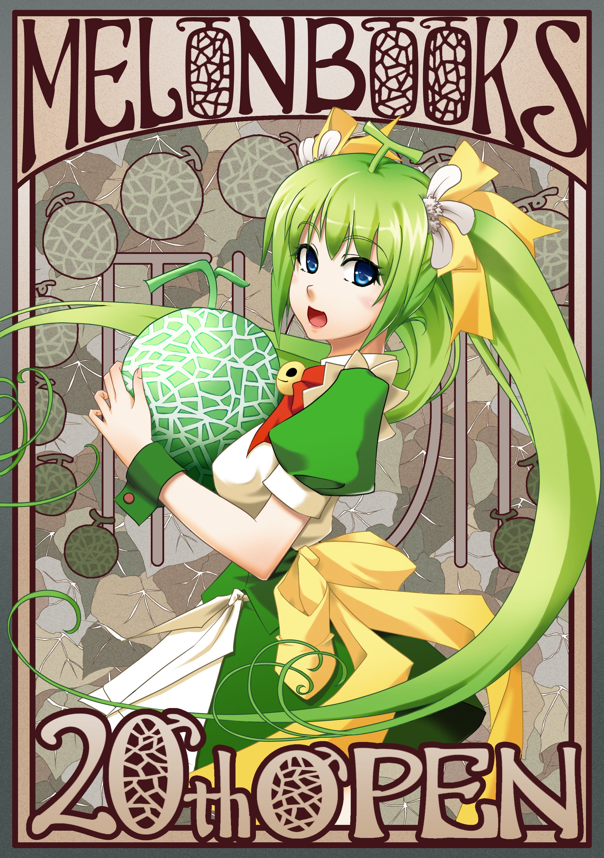 h kasei, melon-chan, melonbooks, absurdres, highres, 1girl, art nouveau, blue eyes, bow, cantaloupe, female focus, food, fruit, green hair, hair ribbon, long hair, melon, ribbon, solo, twintails, very long hair, wrist cuffs, yellow bow