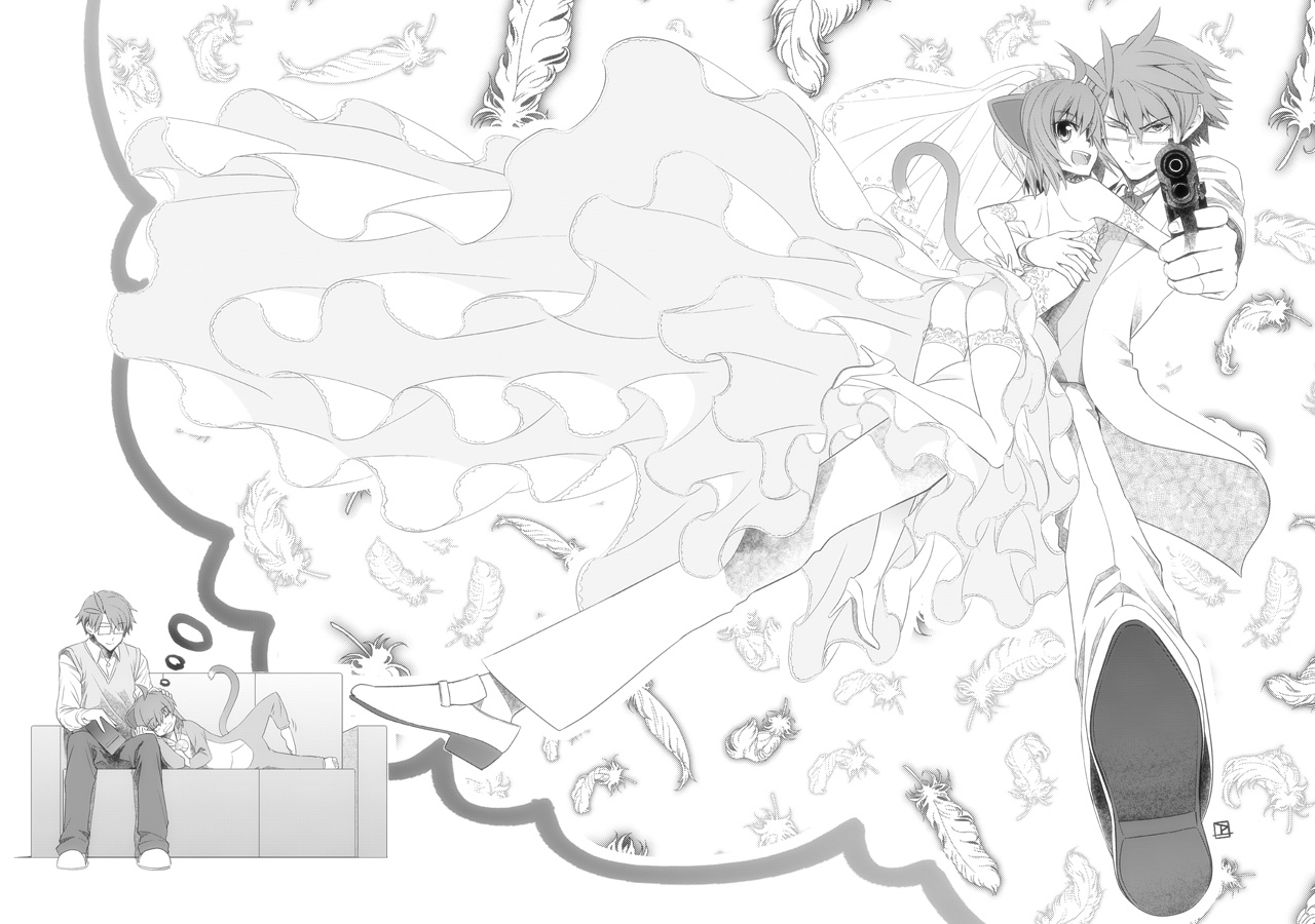 weshika, midarezaki kyouka, midarezaki ouka, kyouran kazoku nikki, bad id, bad pixiv id, 00s, 1boy, 1girl, ahoge, animal ears, ass, bride, cat ears, cat tail, dreaming, dress, elbow gloves, feathers, garter belt, glasses, gloves, greyscale, gun, lap pillow, monochrome, panties, short hair, speech bubble, tail, thighhighs, thought bubble, underwear, weapon, wedding dress