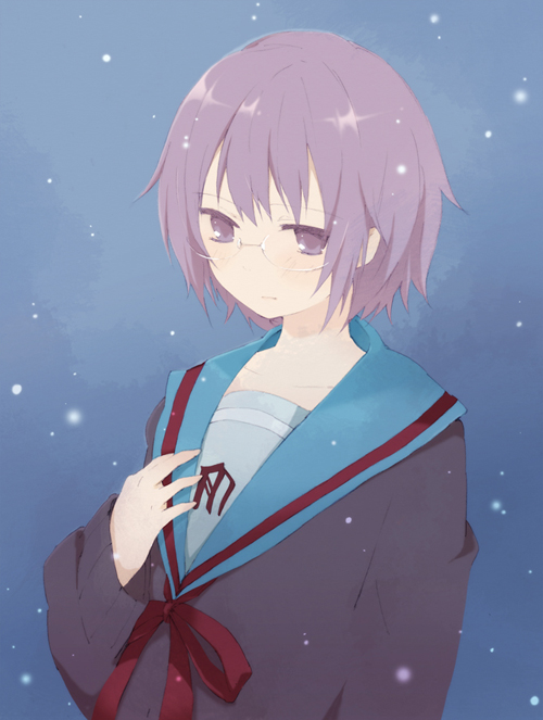 fujiyama, rin (artist), nagato yuki, suzumiya haruhi no yuuutsu, 1girl, female focus, glasses, school uniform, serafuku, snow, solo