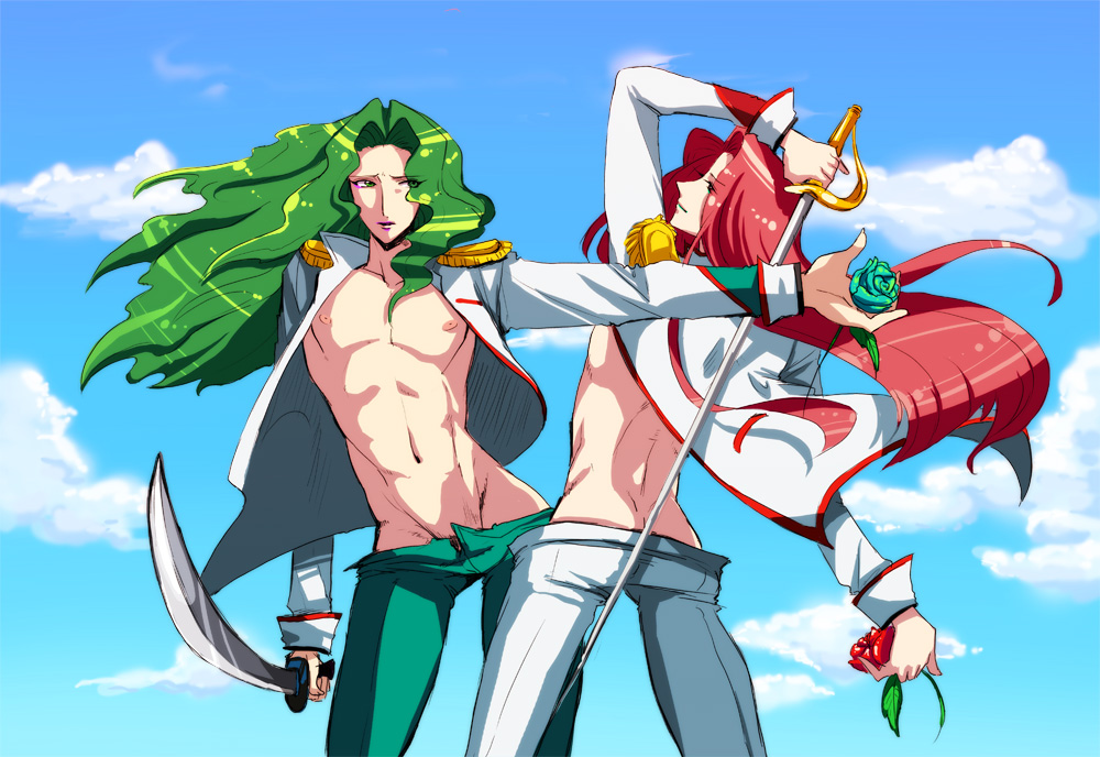 riko (k riko), kiryuu touga, saionji kyouichi, shoujo kakumei utena, 1990s (style), 2boys, ass, butt crack, dimples of venus, fabulous, flower, green hair, long hair, male focus, multiple boys, red hair, rose, sword, weapon