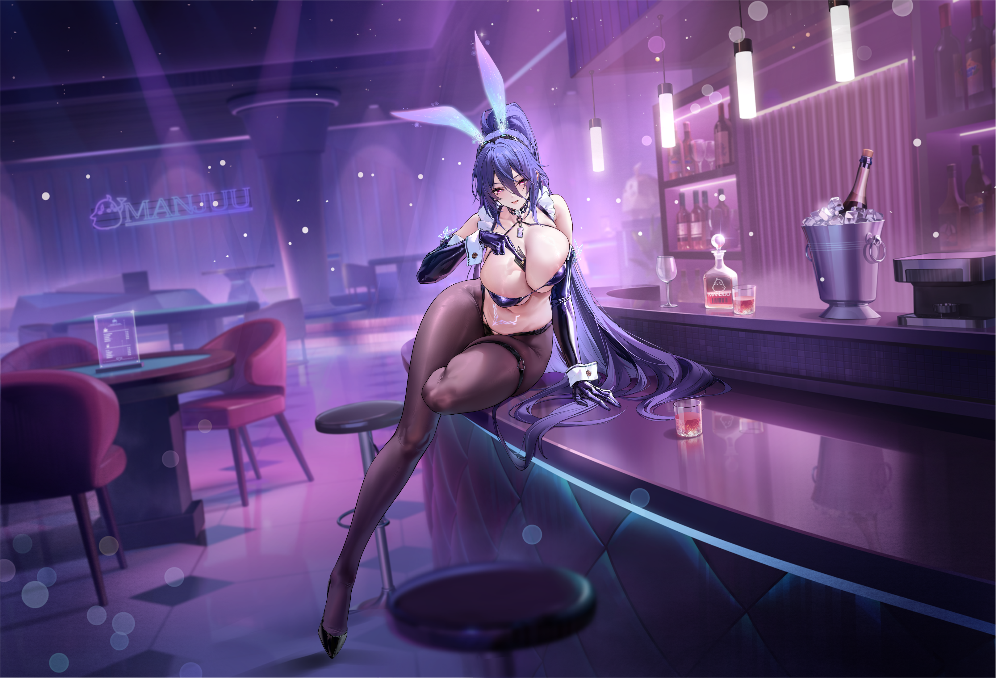 ng jie, kansas (azur lane), kansas (late night leisure) (azur lane), azur lane, absurdres, highres, non-web source, official art, 1girl, animal ears, areola slip, bar (place), black hair, breasts, cup, detached collar, elbow gloves, fake animal ears, gloves, hair between eyes, large breasts, latex bra, long bangs, long hair, looking at viewer, mole, mole under eye, official alternate costume, open mouth, pantyhose, playboy bunny, ponytail, pubic tattoo, rabbit ears, solo, tattoo, very long hair, wrist cuffs