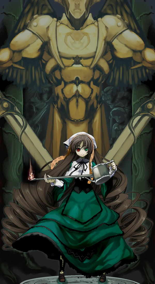 marimo (t2 h t), suiseiseki, rozen maiden, 00s, 1girl, black ribbon, bonnet, brown hair, dress, drill hair, female focus, full body, green dress, green eyes, green skirt, head out of frame, headscarf, holding, long hair, long skirt, long sleeves, looking at viewer, neck ribbon, red eyes, ribbon, skirt, smile, solo, standing, statue, twin drills, very long hair, watering can, white headscarf, wing collar