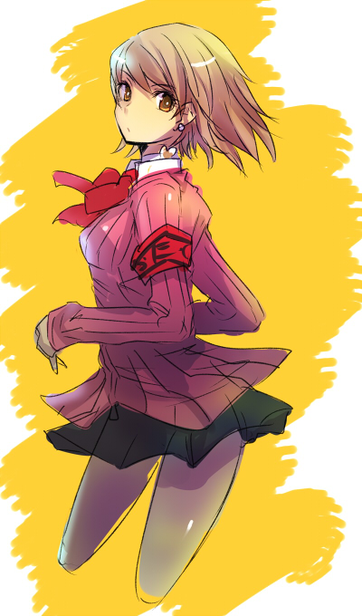 kara (color), takeba yukari, atlus, persona, persona 3, 1girl, armband, cowboy shot, cropped legs, female focus, ribbon, school uniform, short hair, skirt, solo