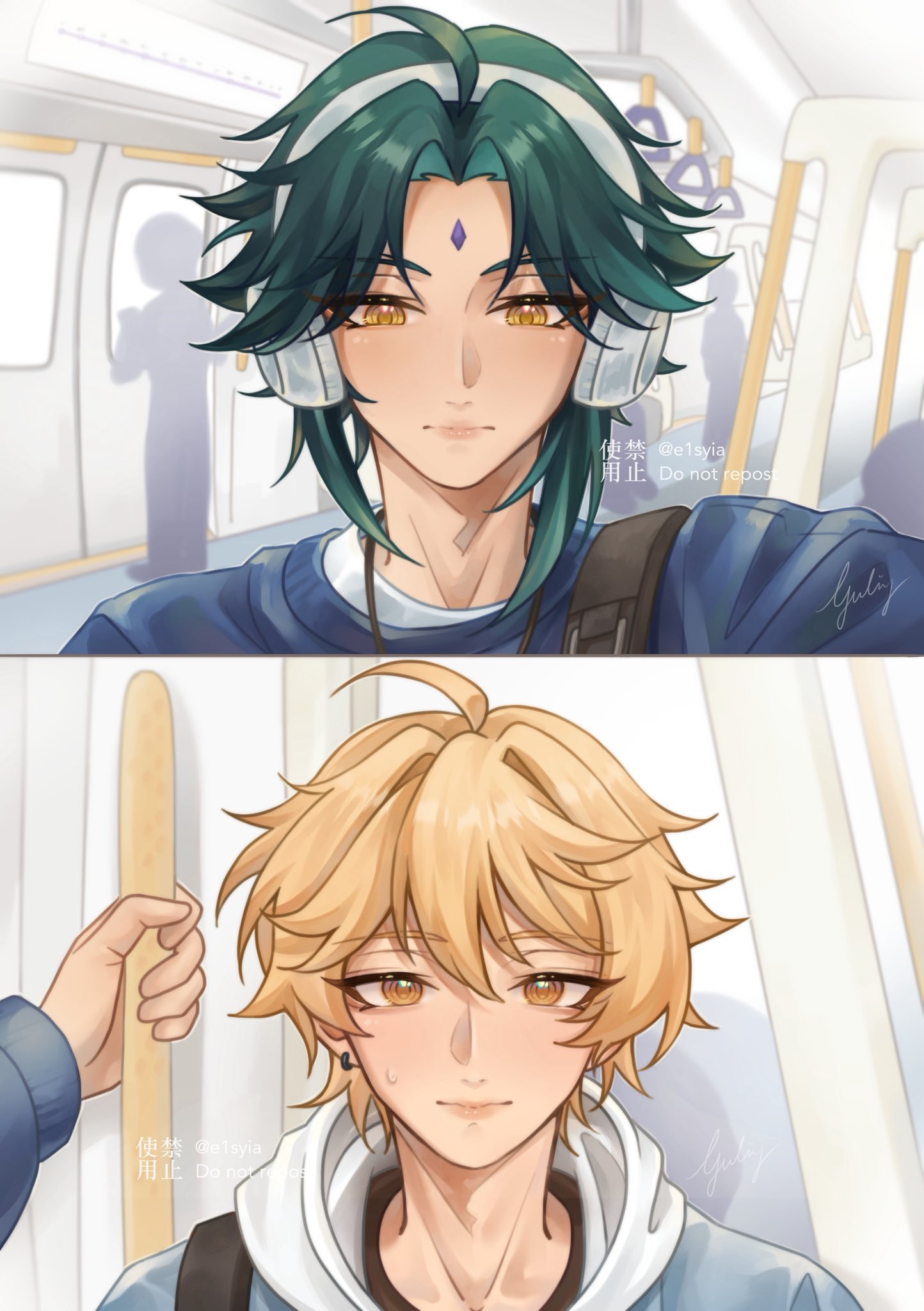 e1syia, aether (genshin impact), xiao (genshin impact), genshin impact, commentary, english commentary, highres, 1boy, ahoge, backpack, bag, blonde hair, closed mouth, earrings, green hair, headphones, hood, hood down, hoodie, jewelry, male focus, single earring, train, watermark, yellow background