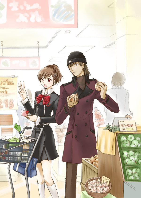 sananan, aragaki shinjirou, shiomi kotone, atlus, persona, persona 3, persona 3 portable, bad id, bad pixiv id, 1boy, 1girl, beanie, brown hair, coat, couple, groceries, hat, hetero, red eyes, ribbon, school uniform, shop, shopping, skirt, trench coat