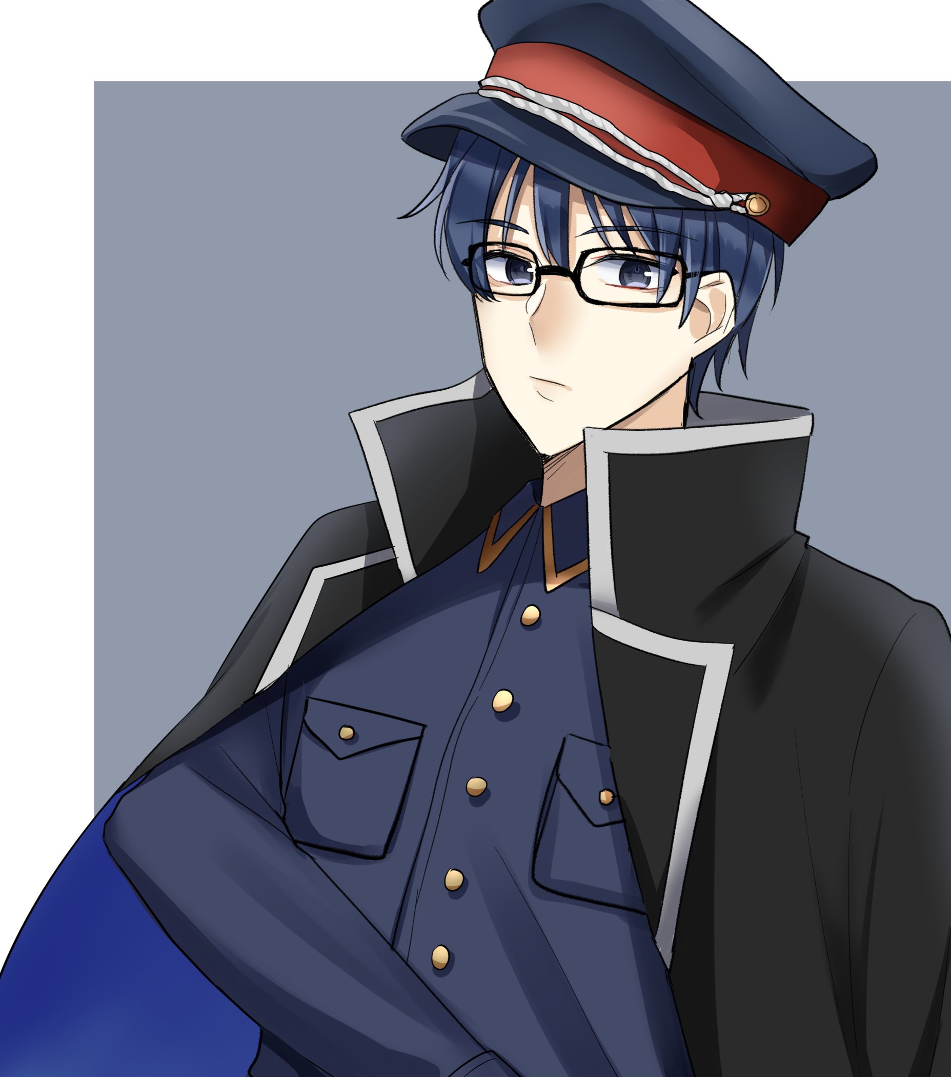sakura yuto, indie virtual youtuber, character request, commentary request, highres, black cape, blue hair, buttons, cape, closed mouth, grey background, grey eyes, hat, male focus, pale skin, rectangular eyewear, short hair, solo, upper body