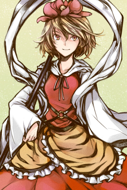 nakatani, toramaru shou, touhou, 1girl, animal print, black hair, blonde hair, brown eyes, dress, female focus, hair ornament, long sleeves, multicolored hair, polearm, shawl, short hair, smile, solo, spear, staff, standing, tiger print, two-tone hair, weapon, yellow eyes