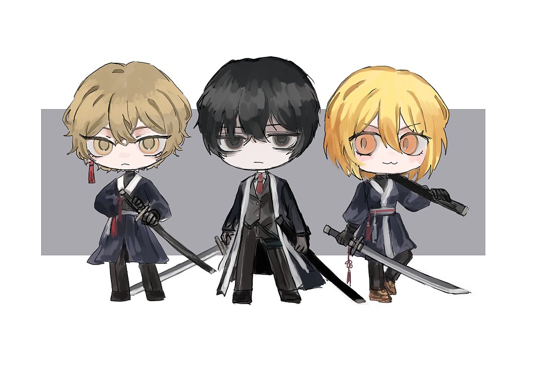 don quixote (project moon), sinclair (project moon), yi sang (project moon), limbus company, project moon, 1girl, 2boys, :<, :3, ainsel10, arms at sides, bags under eyes, black eyes, black gloves, black hair, black jacket, black pants, black robe, black shirt, black shoes, black sleeves, blonde hair, border, brown eyes, brown shoes, closed mouth, coat, coat on shoulders, collared shirt, dress shirt, earrings, eyelashes, full body, gloves, grey background, hair between eyes, hand up, holding, holding sheath, holding sword, holding weapon, jacket, jewelry, long sleeves, multiple boys, necktie, pants, red necktie, robe, sash, sheath, shirt, shoes, smile, standing, suit jacket, sword, tassel, tassel earrings, turtleneck, turtleneck shirt, undershirt, unsheathed, weapon, white border, white sash, white shirt, wing collar, yellow eyes