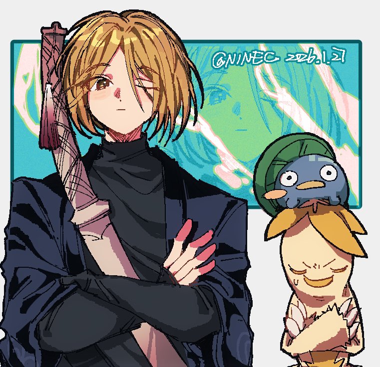 qiluge, sinclair (project moon), limbus company, project moon, character request, 1boy, black haori, black shirt, black sleeves, blonde hair, border, closed mouth, creature, crossed arms, haori, holding, holding sword, holding weapon, japanese clothes, layered sleeves, long sleeves, one eye closed, shirt, sideways glance, sword, sword tassel, tassel, three-quarter sleeves, turtleneck, turtleneck shirt, twitter username, undershirt, weapon, white border, yellow eyes, zoom layer