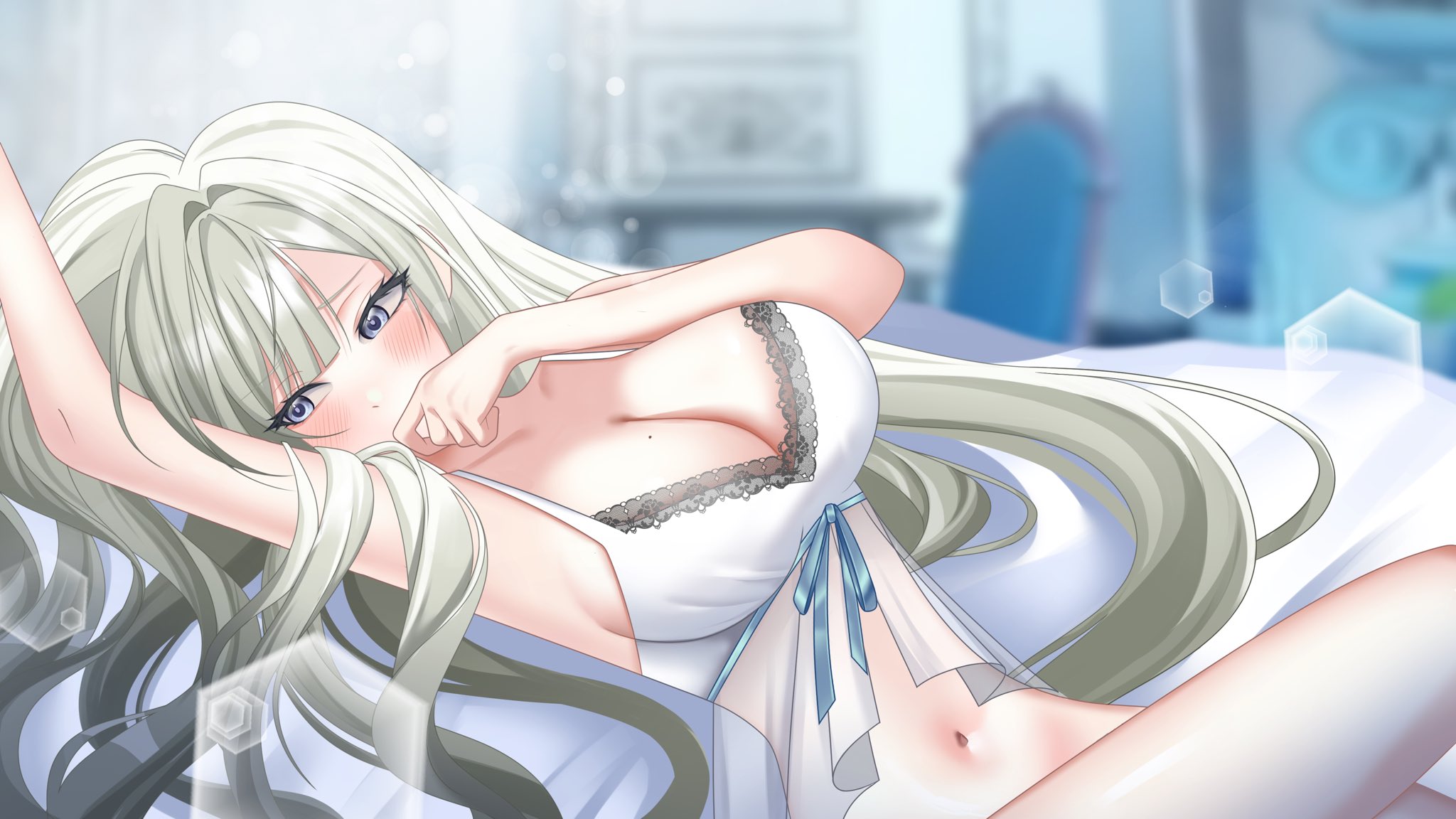 wilhelmina frost, phase connect, artist request, commentary, english commentary, highres, 1girl, babydoll, blue eyes, blue ribbon, blurry, blurry background, breasts, cleavage, covering own mouth, grey hair, large breasts, long hair, mole, mole on breast, navel, ribbon, stomach, virtual youtuber, white babydoll