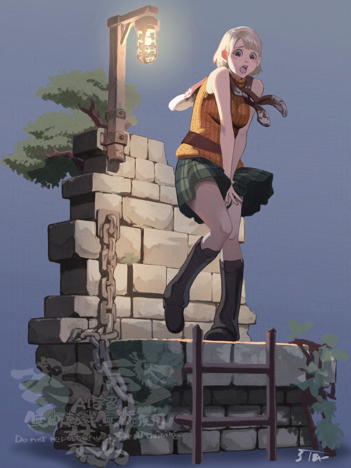 5tatsu, ashley graham, resident evil, resident evil 4, commentary request, highres, 1girl, blonde hair, bob cut, boots, breasts, green skirt, knees together feet apart, large breasts, open mouth, orange sweater, plaid clothes, plaid skirt, short hair, skirt, sleeveless, sleeveless sweater, sleeveless turtleneck, solo, sweater, sweater around neck, turtleneck, watermark