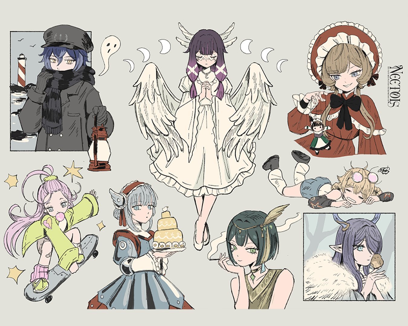 neetols, aino (genshin impact), columbina (genshin impact), flins (genshin impact), ineffa (genshin impact), jahoda (genshin impact), katheryne (genshin impact), lauma (genshin impact), nefer (genshin impact), sandrone (genshin impact), genshin impact, commentary, english commentary, 1boy, 6+girls, alternate costume, antlers, artist name, bangs pinned back, bird, black bow, black hair, blowing bubble gum, blue eyes, blue hair, bonnet, bow, brown background, brown hair, cake, chewing gum, closed eyes, coat, dress, eye mask, eyewear on head, feather hair ornament, feathered wings, feathers, food, frilled sleeves, frills, ghost, gloves, green eyes, green hair, hair between eyes, hair ornament, hair over one eye, head wings, headdress, holding, holding lantern, holding plate, horns, jacket, lantern, leg warmers, lighthouse, long hair, long sleeves, mask, multicolored hair, multiple girls, own hands together, pink hair, plate, pointy ears, puppet, purple hair, round eyewear, scarf, short hair, shorts, sidelocks, simple background, skateboard, skateboarding, sleeves past wrists, smile, smoking, white dress, wide sleeves, wings, yellow eyes