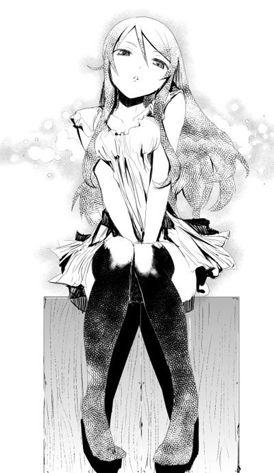 hyocorou, kousaka kirino, ore no imouto ga konna ni kawaii wake ga nai, 1girl, female focus, greyscale, head tilt, long hair, monochrome, sitting, solo, thighhighs, v arms