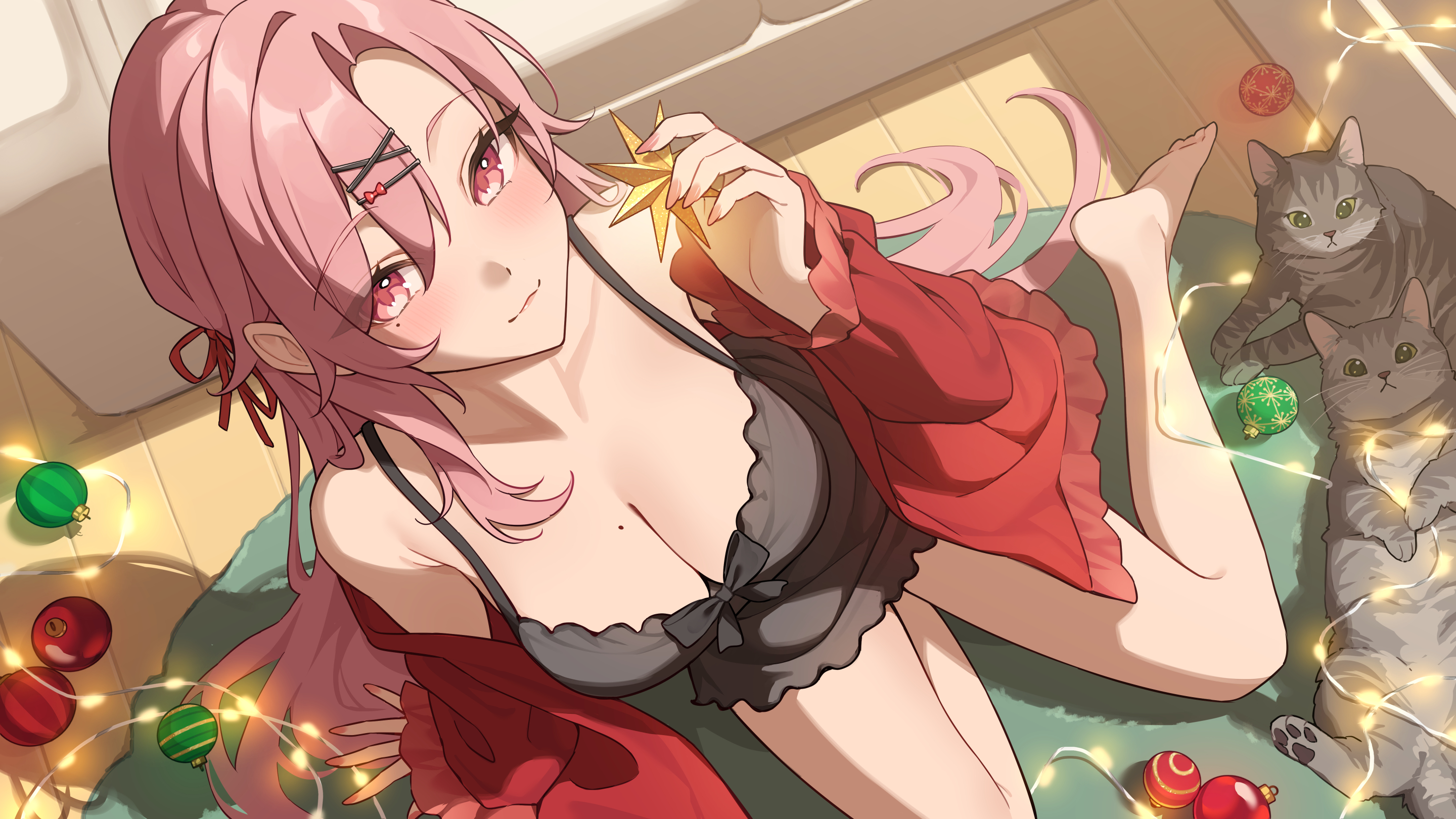 teti, nini yuuna, indie virtual youtuber, commentary request, highres, 1girl, barefoot, black negligee, breasts, cat, christmas ornaments, cleavage, closed mouth, hair ornament, hairpin, holding, holding star, large breasts, lingerie, long hair, mole, mole under eye, negligee, pink eyes, pink hair, rug, shadow, star (symbol), underwear, virtual youtuber, wooden floor