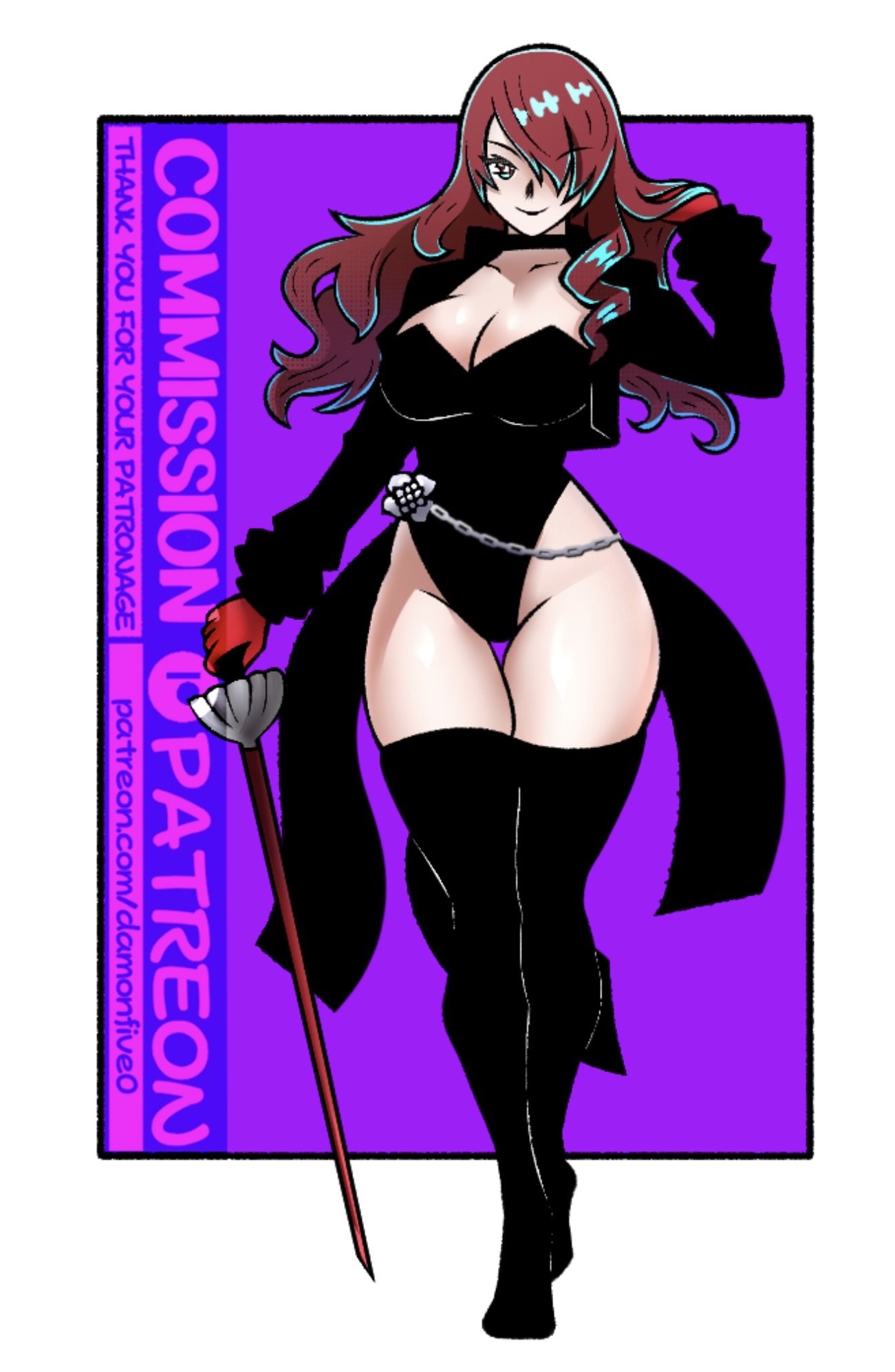 damonfive0, kirijou mitsuru, violet (persona 5), yoshizawa kasumi, persona, persona 3, persona 3 reload, persona 5, persona 5 the royal, highres, 1girl, black choker, black coat, black leotard, boots, breasts, choker, coat, cosplay, hair over one eye, high heel boots, high heels, holding, holding sword, holding weapon, leotard, long hair, looking at viewer, rapier, red eyes, red hair, simple background, sword, thick thighs, thighs, weapon, yoshizawa kasumi (cosplay)