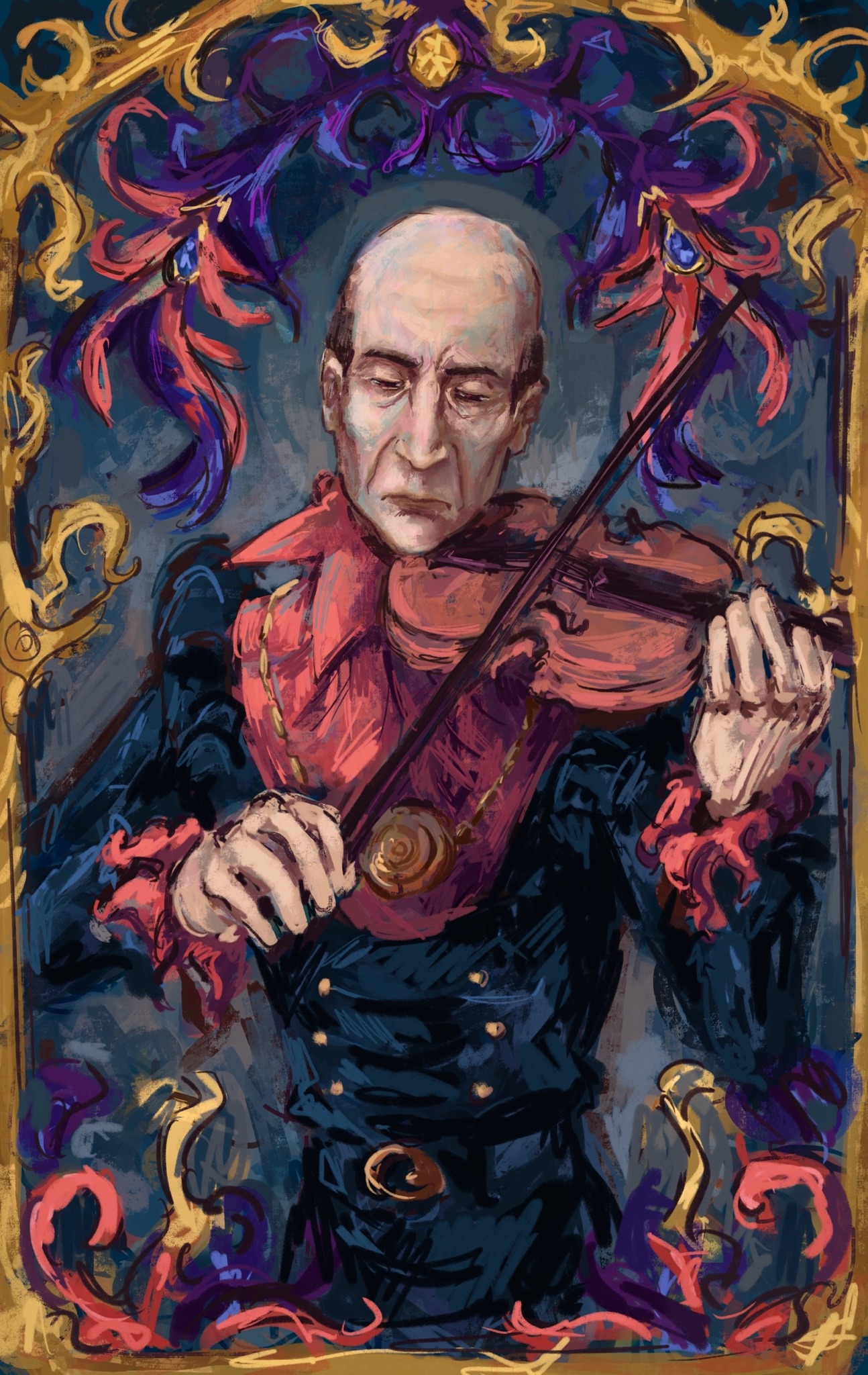 haskill, the elder scrolls, the elder scrolls iv: oblivion, commentary, highres, symbol-only commentary, 1boy, balding, belt, black background, black belt, black coat, border, brown eyes, brown hair, coat, collar, collared coat, cowboy shot, facing viewer, flower, gold necklace, haskills-husband, holding, holding instrument, holding violin, instrument, jewelry, juliet sleeves, long sleeves, looking down, male focus, mature male, music, necklace, ornate border, ornate clothes, painterly, playing instrument, puffy sleeves, red collar, solo, violin