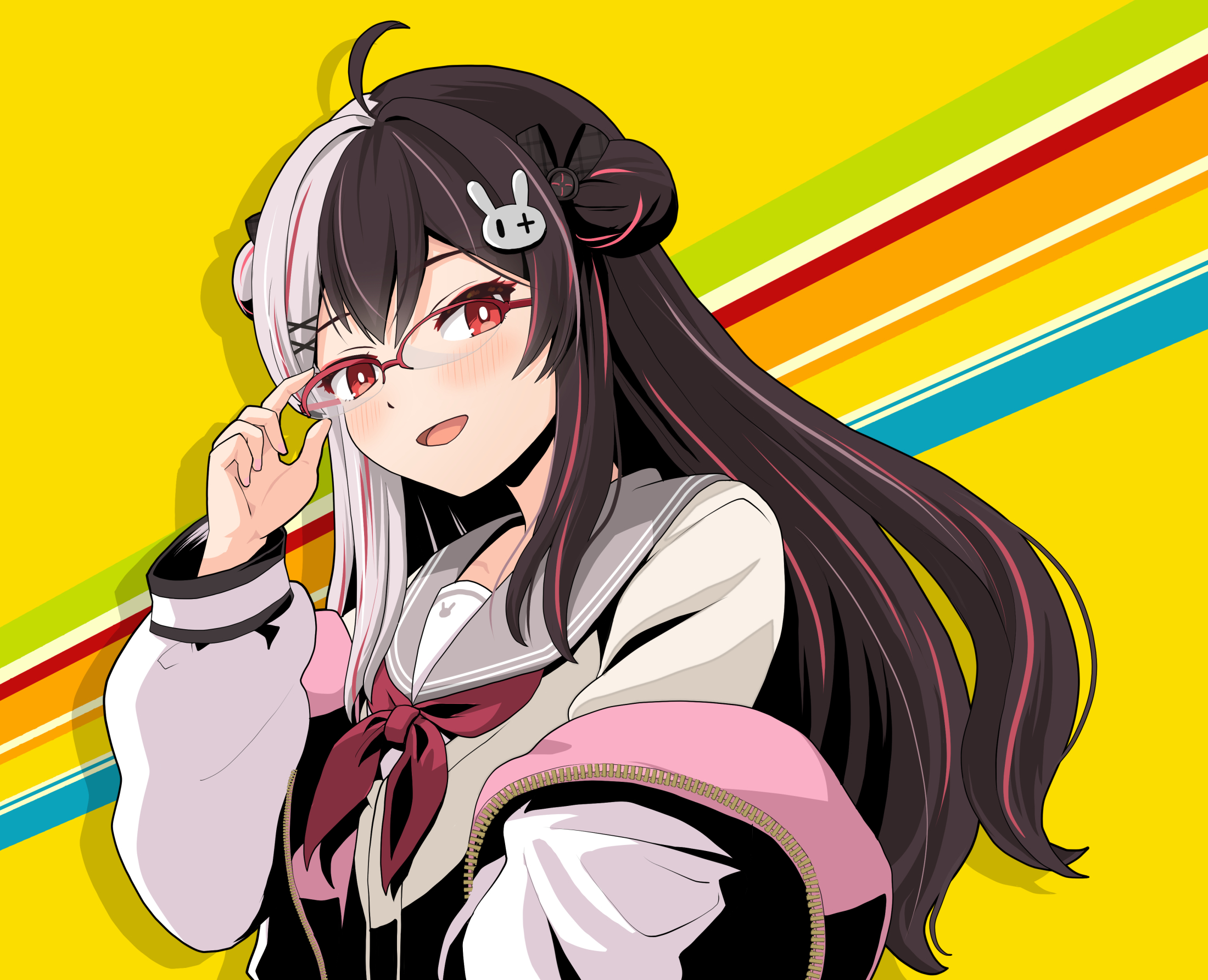 haniwa (leaf garden), yorumi rena, yorumi rena (9th costume), nijisanji, commentary request, highres, 1girl, adjusting eyewear, ahoge, anime coloring, black hair, blush, bright pupils, brown cardigan, cardigan, colorful background, double bun, drop shadow, glasses, grey hair, grey sailor collar, hair bun, hair ornament, jacket, long hair, long sidelocks, long sleeves, looking at viewer, multicolored hair, off shoulder, official alternate costume, open clothes, open jacket, open mouth, over-rim eyewear, pink streaks, rabbit hair ornament, red-framed eyewear, red eyes, red nails, sailor collar, school uniform, semi-rimless eyewear, shirt, side up bun, sidelocks, smile, solo, split-color hair, streaked hair, two-tone hair, upper body, virtual youtuber, white jacket, white pupils, white shirt, yellow background