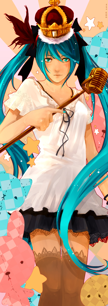alexiussana, hatsune miku, vocaloid, world is mine (vocaloid), lace-trimmed legwear, highres, 1girl, checkered background, crown, female focus, green eyes, green hair, hair ornament, hair ribbon, lace, lace trim, lips, long hair, microphone, microphone stand, ribbon, scar, skirt, solo, star (symbol), stitches, stuffed animal, stuffed toy, thighhighs, twintails, vintage microphone